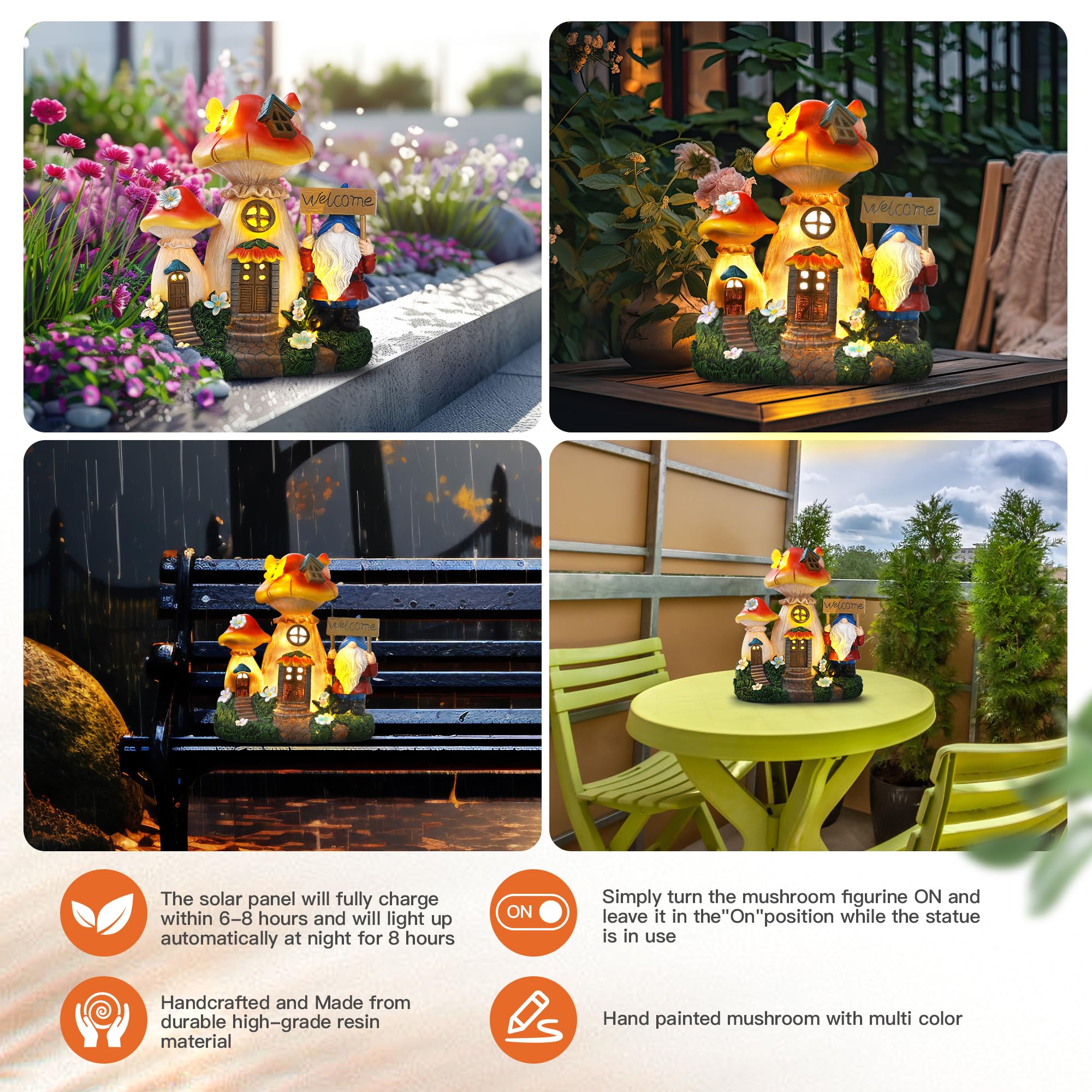 Json Solar Garden Statue Lights Mushroom Fairy House Figurine  Outdoor Memorial Garden Ornaments Waterproof Decoration For Outside Patio Yard Lawn Decor