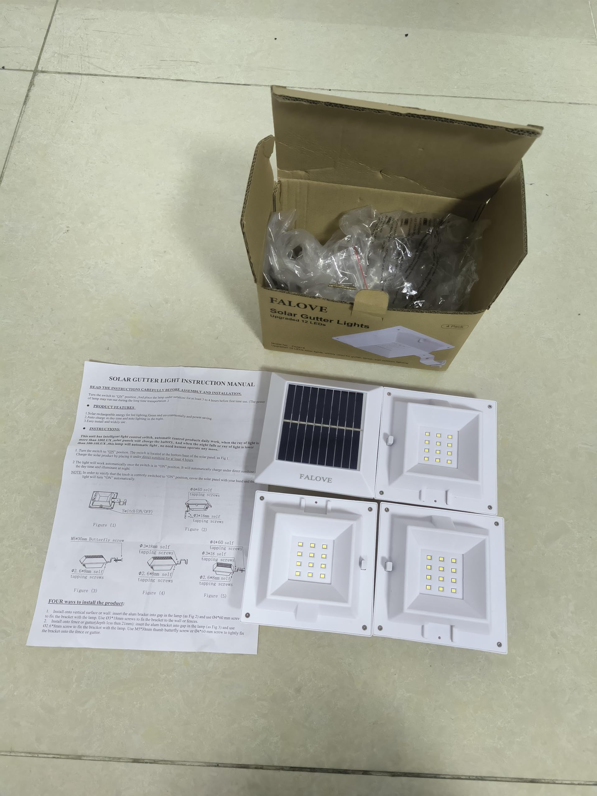 Falove 4 Pack White Solar Gutter Lights - 12 Leds Waterproof Outdoor Garden Pathway Lighting