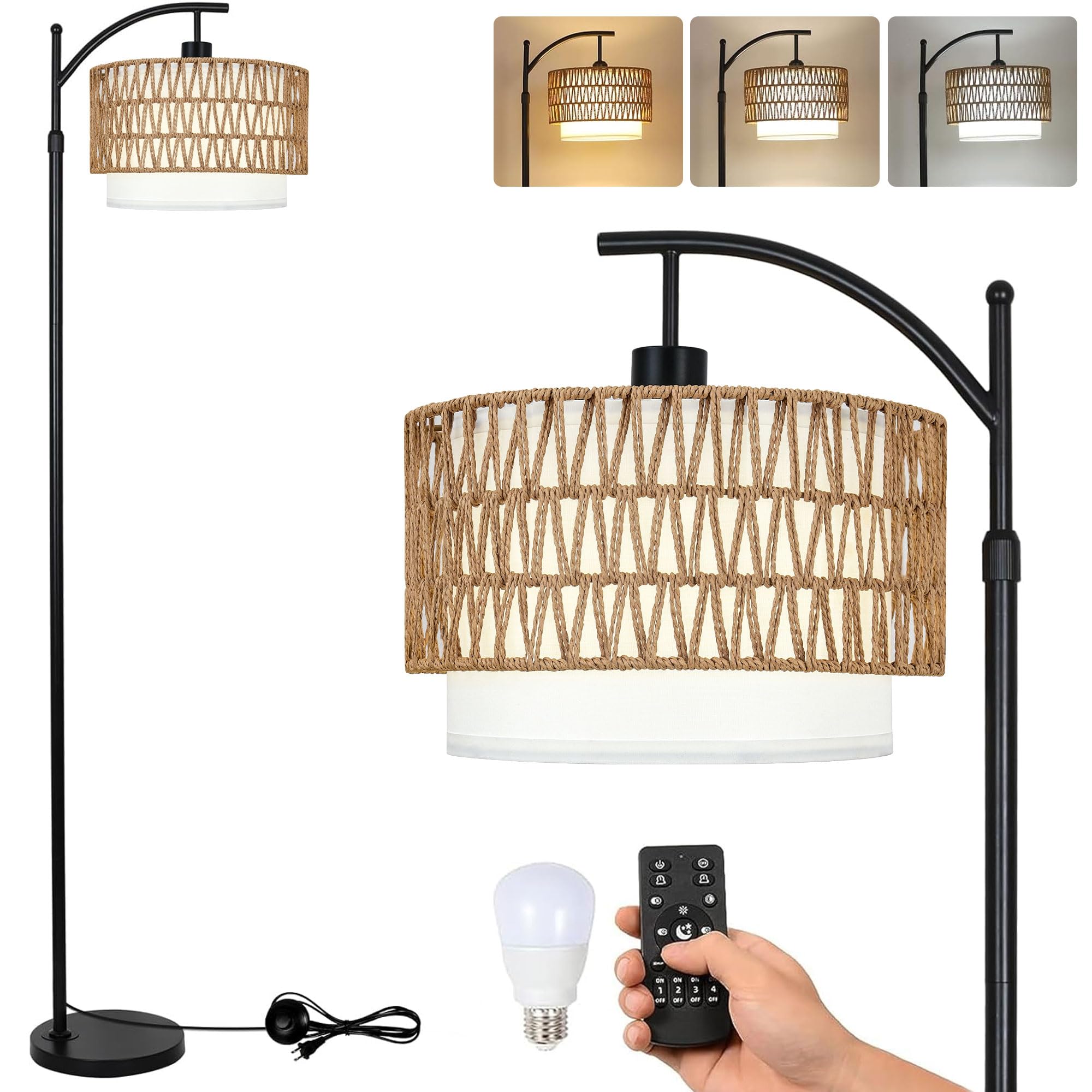 Arc Black Floor Lamp for Living Room with Remote,Dimmable LED Floor Lamp with 3 Color Temperature,Farmhouse Boho Standing Lamp w