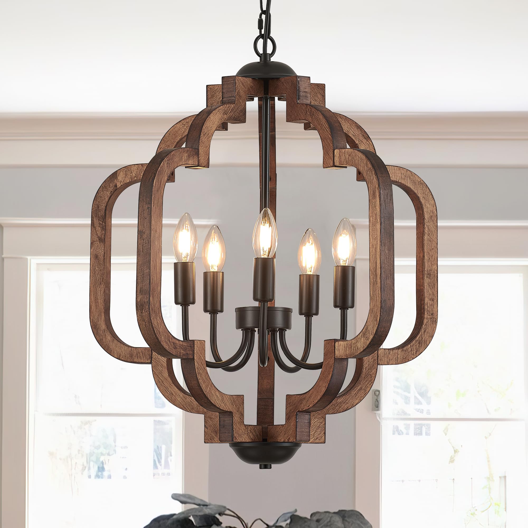 lighceac 20.5'' Farmhouse Vintage Chandelier 5-Light for Dining Room Rustic Handmade Wood Hanging Ceiling Pendant Light Fixture 