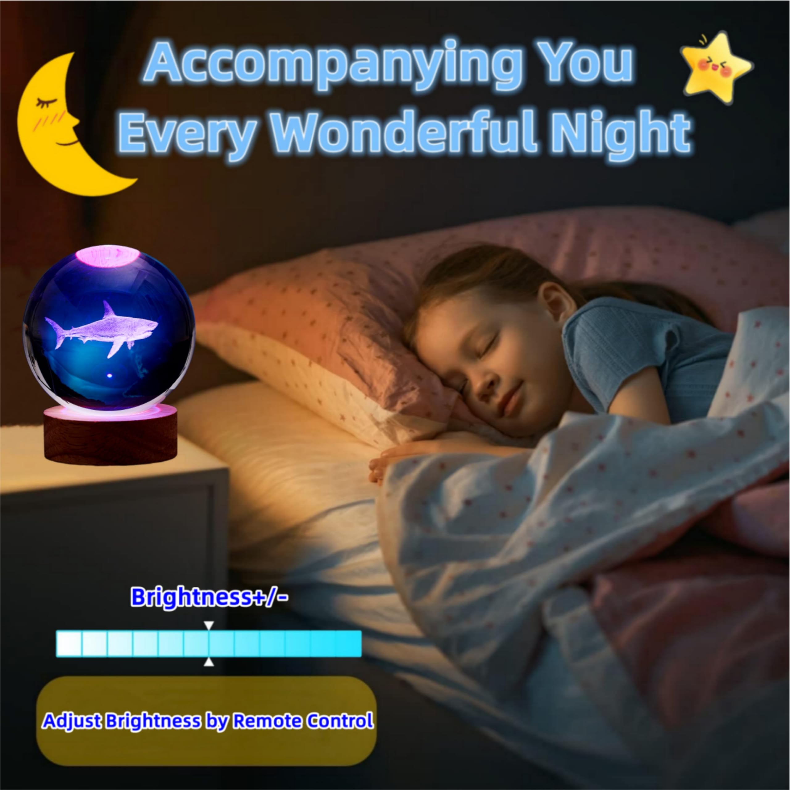 3D Shark Crystal Ball Lamp,Lifelike 3D Led Shark Night Light,16 Colors Changing Light,Dimmable Remote Control,Shark Lamp Gift (Shark)