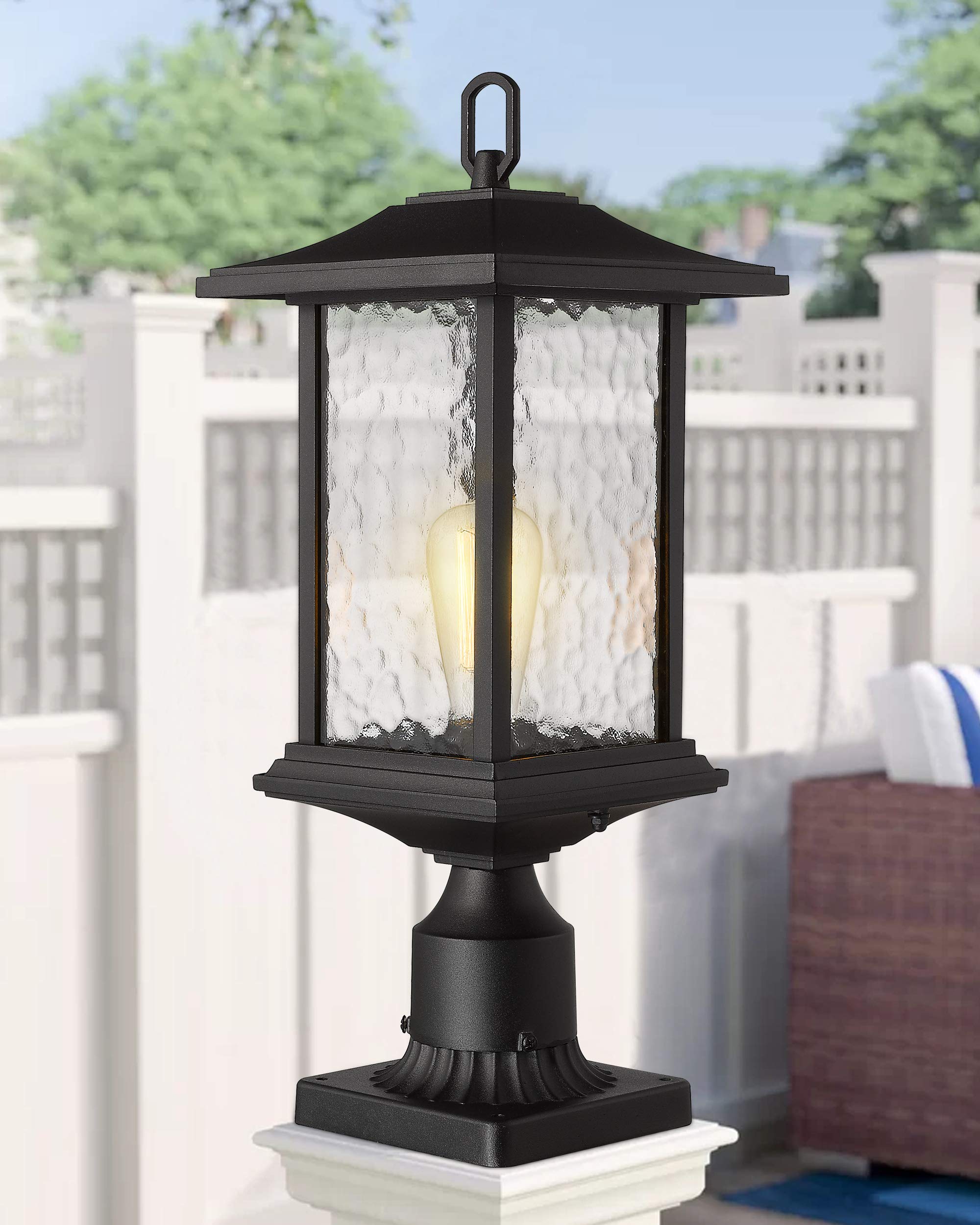 Beionxii Outdoor Post Lights - 21" Large Black Aluminum Lantern - Dusk to Dawn, 2-Pack with Water Glass - Model BXA272-P-2PK