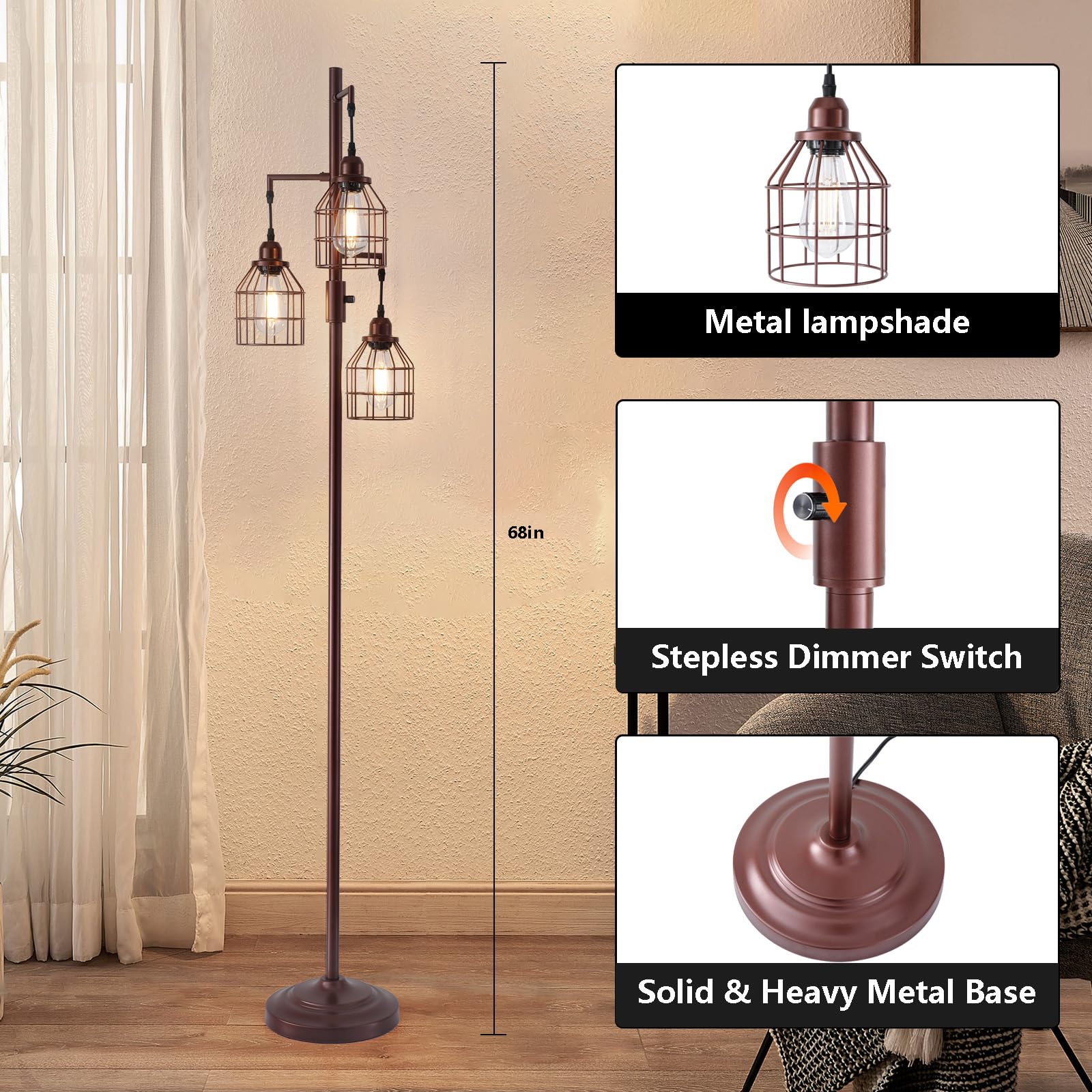9Mmml Floor Lamp For Living Room, Farmhouse Industrial Dimmable Floor Lamp, 3 Lights Metal Cage Tree Standing Lamp,68'', 3Pcs Le