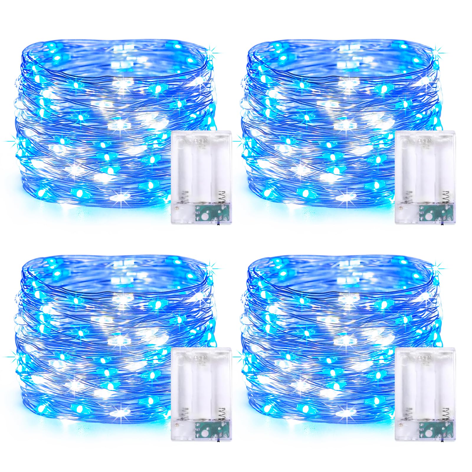 JMEXSUSS 4 Pack 50 LED Fairy Lights Battery Operated Silver Wire 16.1ft Waterproof Blue & White Twinkle Lights for Gifts Party Wedding Christmas Indoor Outdoor Decorations