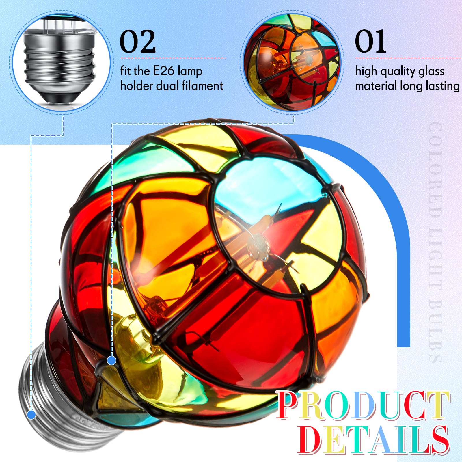 Baquler LED Stained Glass Bulb A19 3.5W E26 Base Colorful Light for Home, Xmas, Party Decoration