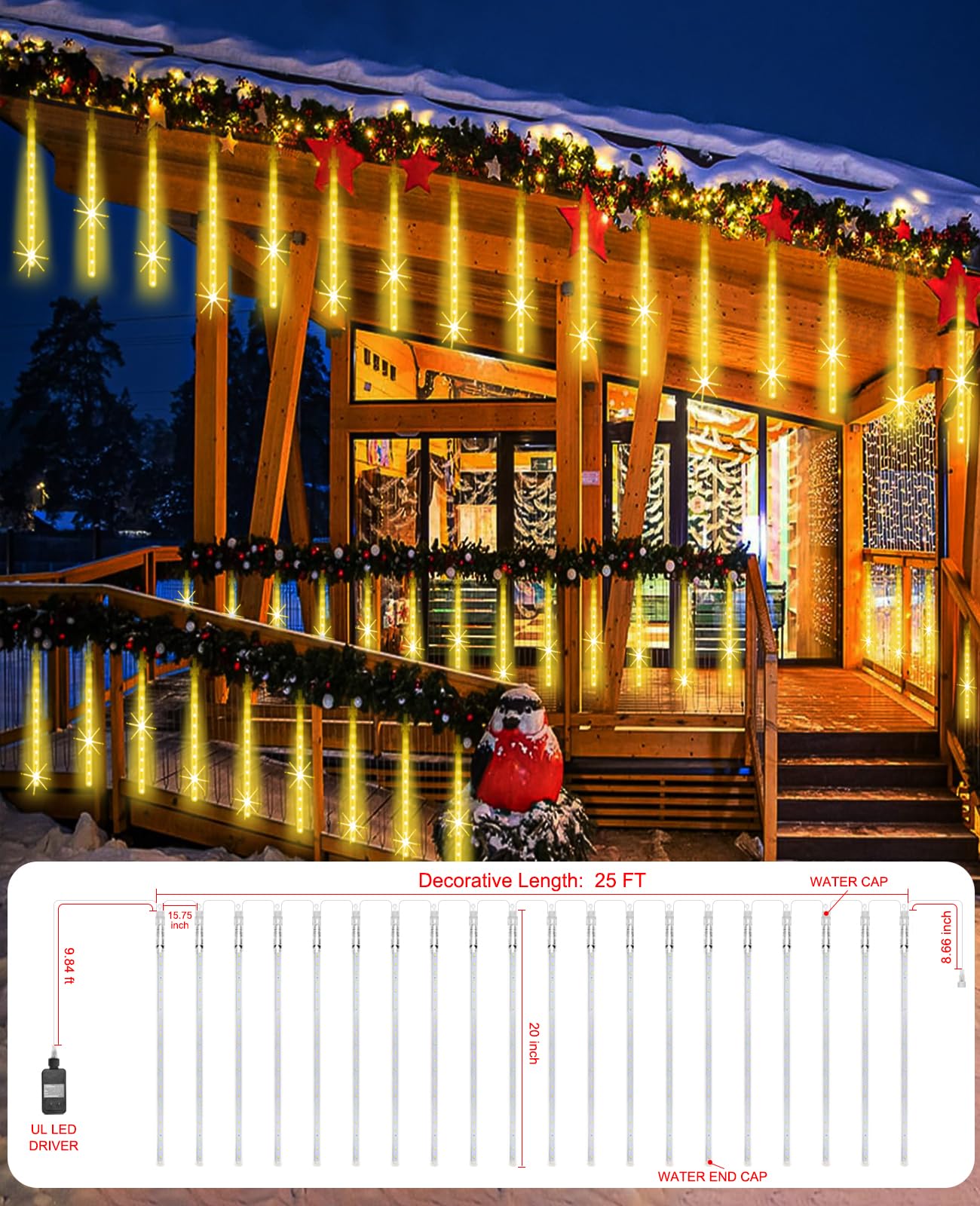 Meteor Shower Lights Outdoor Christmas Light Ul Certified 20 Inch 20 Tubes 1080 Led Falling Rain Drop Lamp Snowfall Icicle Casca