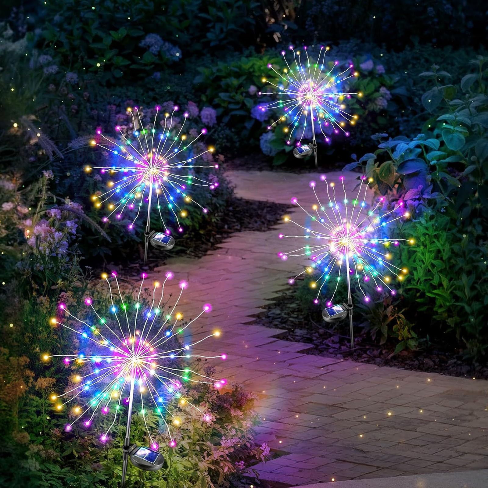 colcutee 4 Pack Solar Firework Lights 150 LED Create Magical Nights, Waterproof Starburst Fairy Lights for Garden Yard Patio Chr