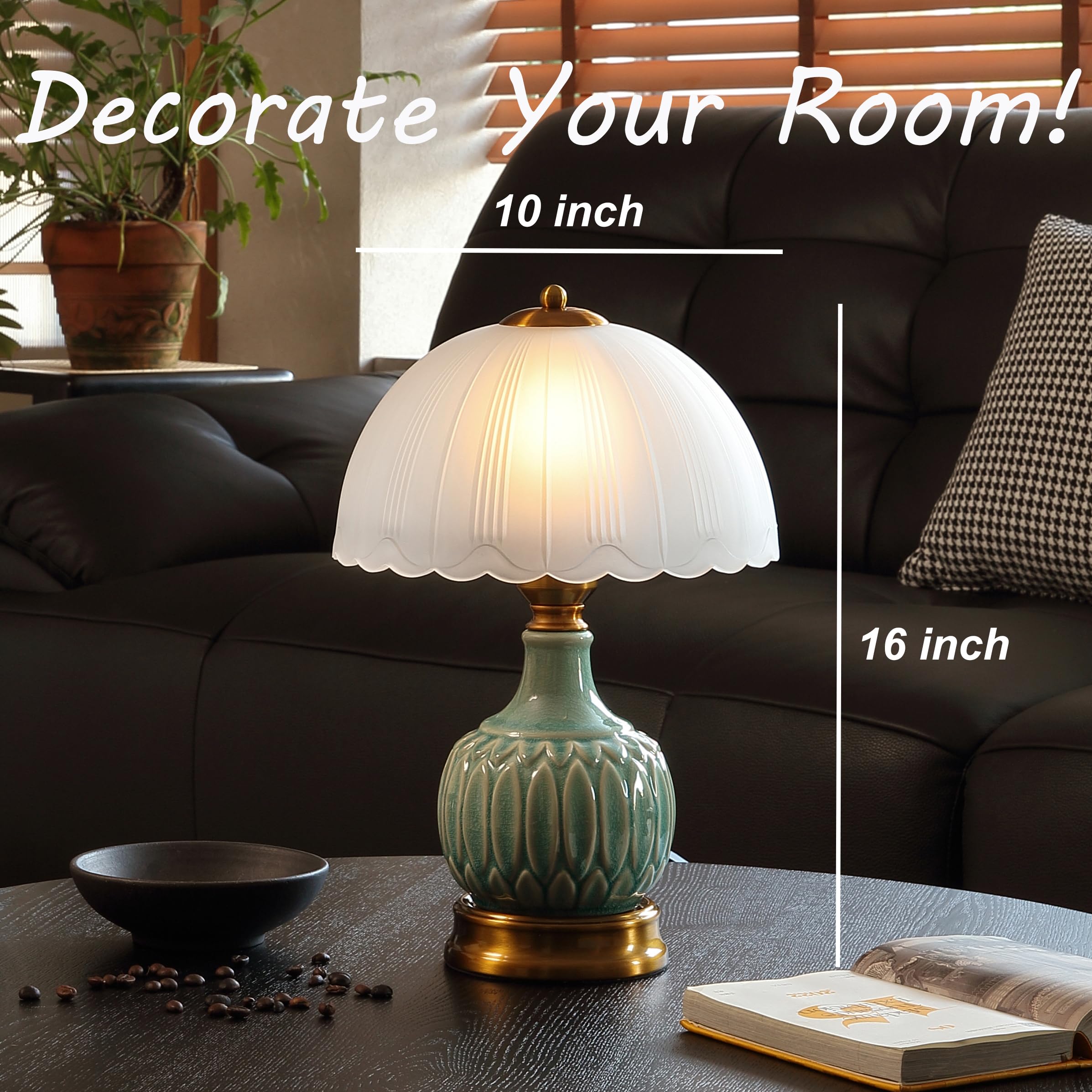 Glivpny Vintage Ceramic Table Lamp, 16" Green Retro Nightstand Lamp, Model LD002 for Living Room & Bedroom Decor