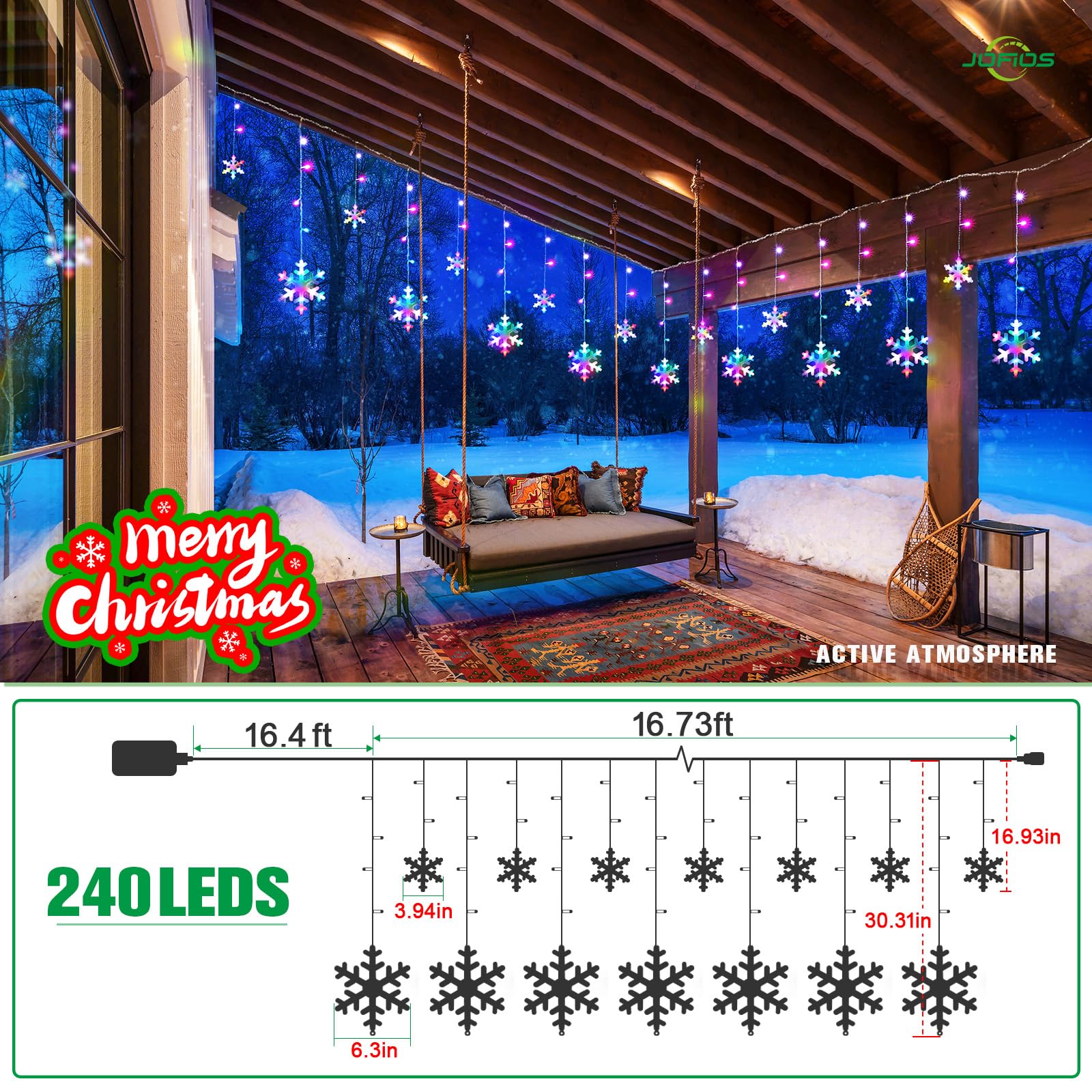 Jofios Christmas Snowflake Lights Outdoor, 16.73Ft Outdoor Led Icicle Christmas Lights With 20 Drops, Waterproof Icicle String L