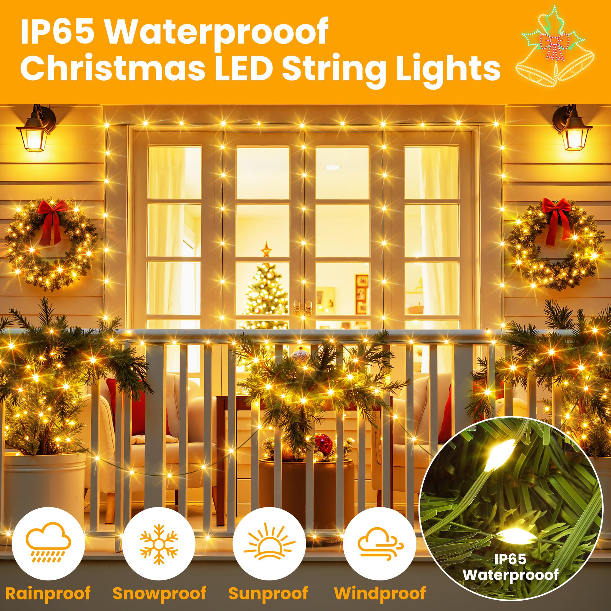 Larkvue 394FT LED String Lights - Waterproof, Dimmable, 8 Modes, Warm White, Model JT-EL/FC, with Remote & Timer Function