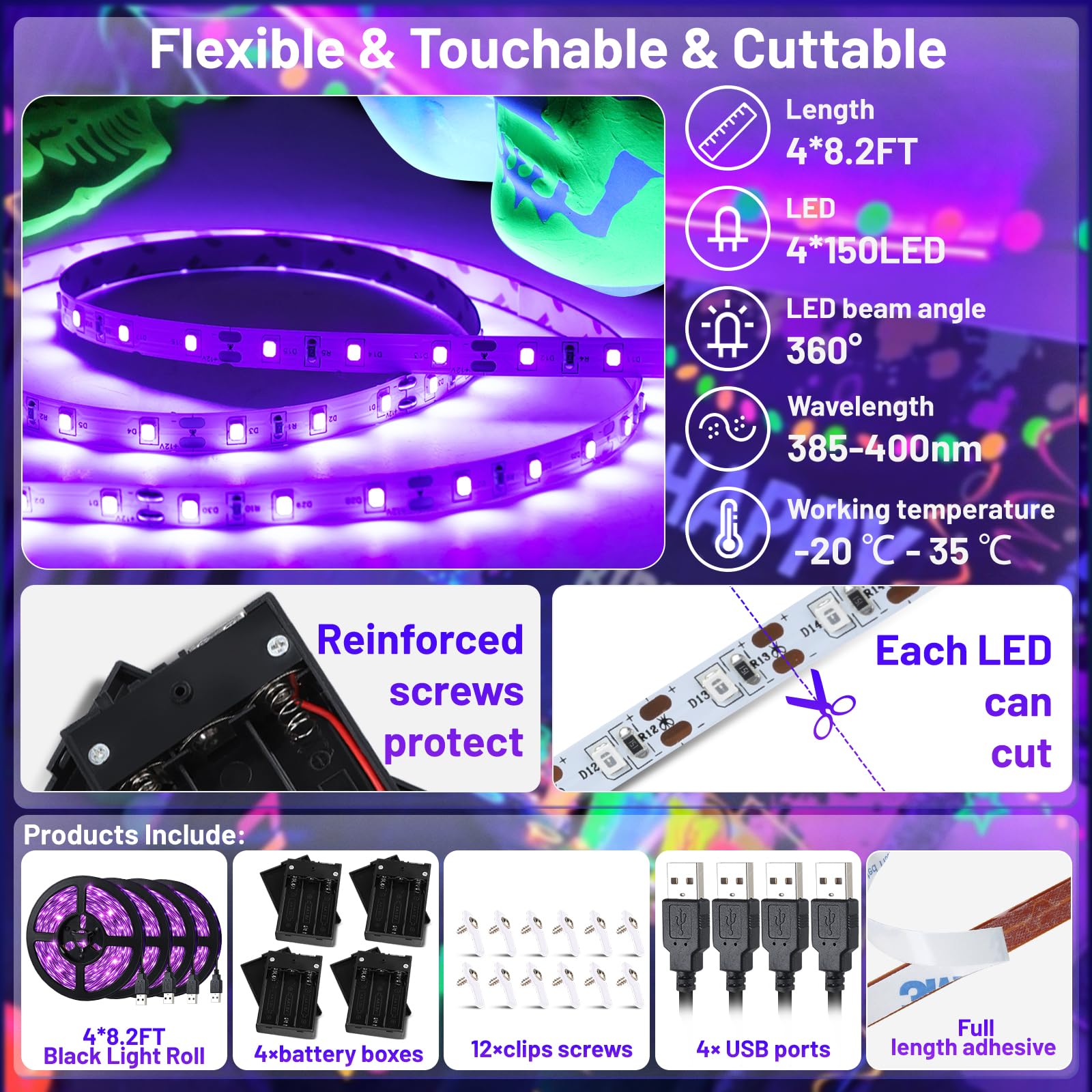 33Ft Black Strip Lights, Usb & Battery Operated Black Lights For Glow Party, Blacklight Strip Lights For Halloween Decoration Room Decor Glass Cabinet Case Display Fluorescent Paint(4Pack*8.2Ft)