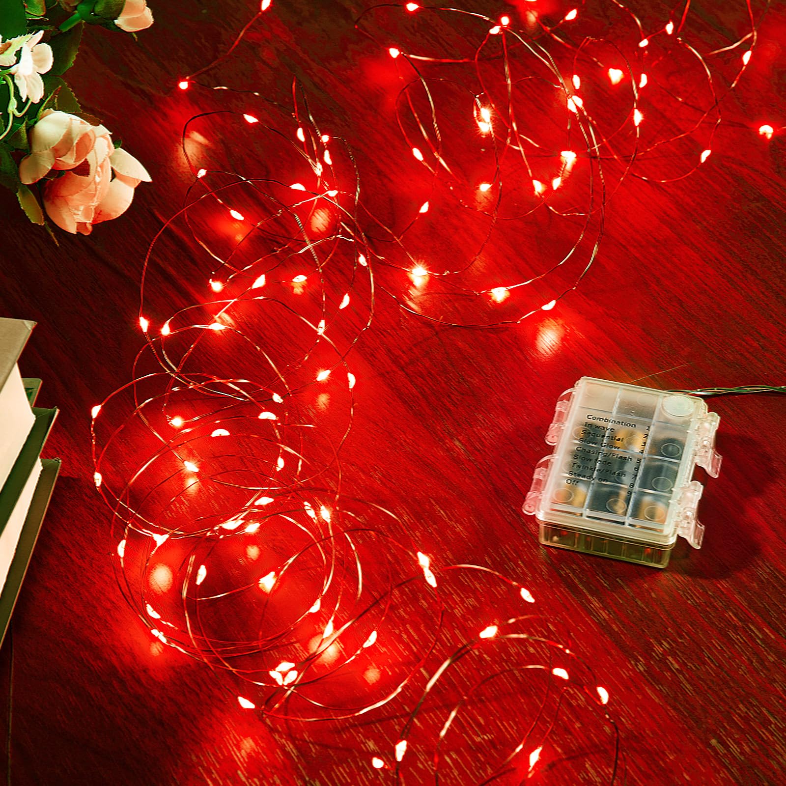 Ariceleo 4 Pack 16.4 Ft. Battery Operated Outdoor String Lights with Remote & Timer  LED Red Fairy Lights  Waterproof Twinkle Lights for Bedroom  Dorm  Mason Jar  Wedding  Party  Christmas