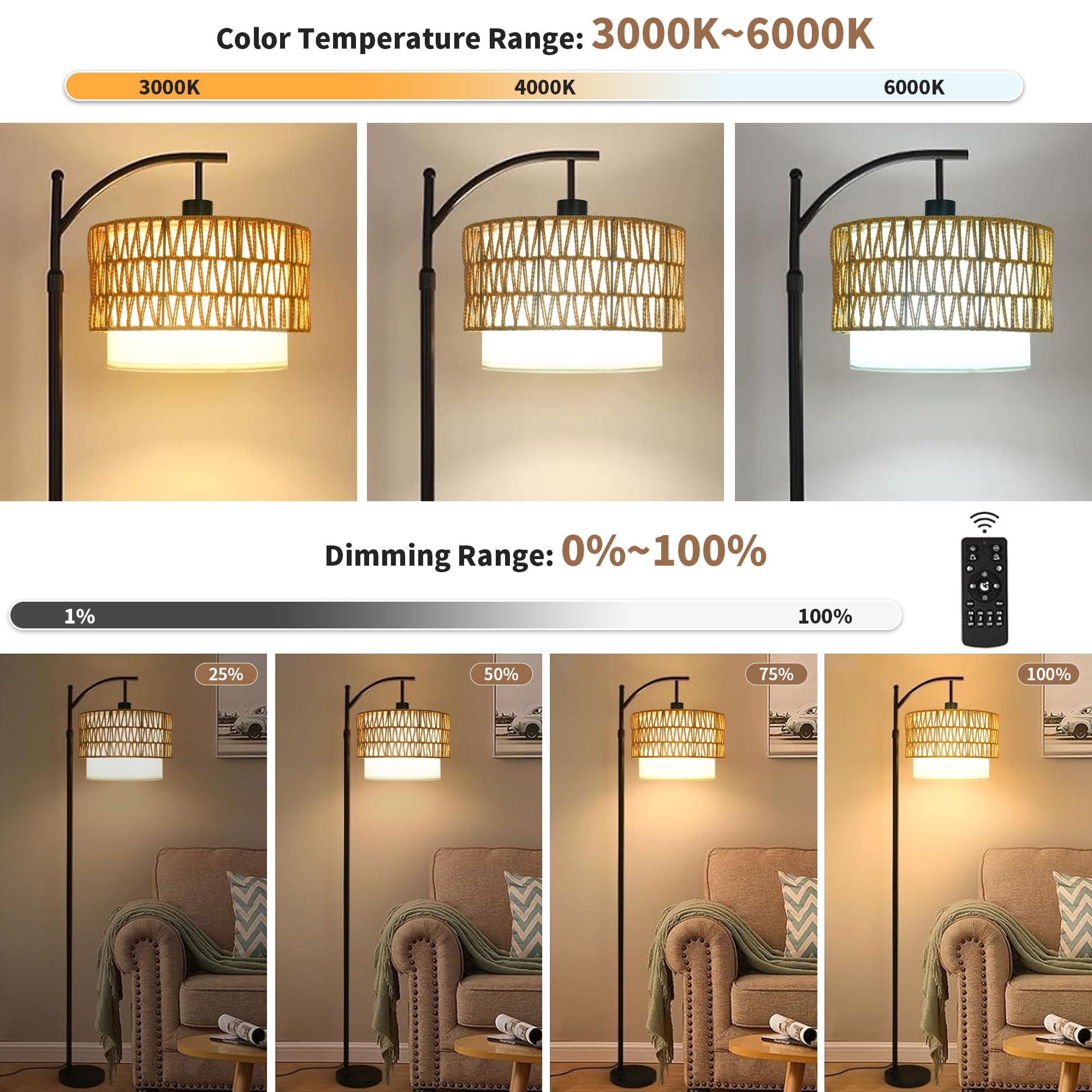 Arc Black Floor Lamp For Living Room With Remote,Dimmable Led Floor Lamp With 3 Color Temperature,Farmhouse Boho Standing Lamp W