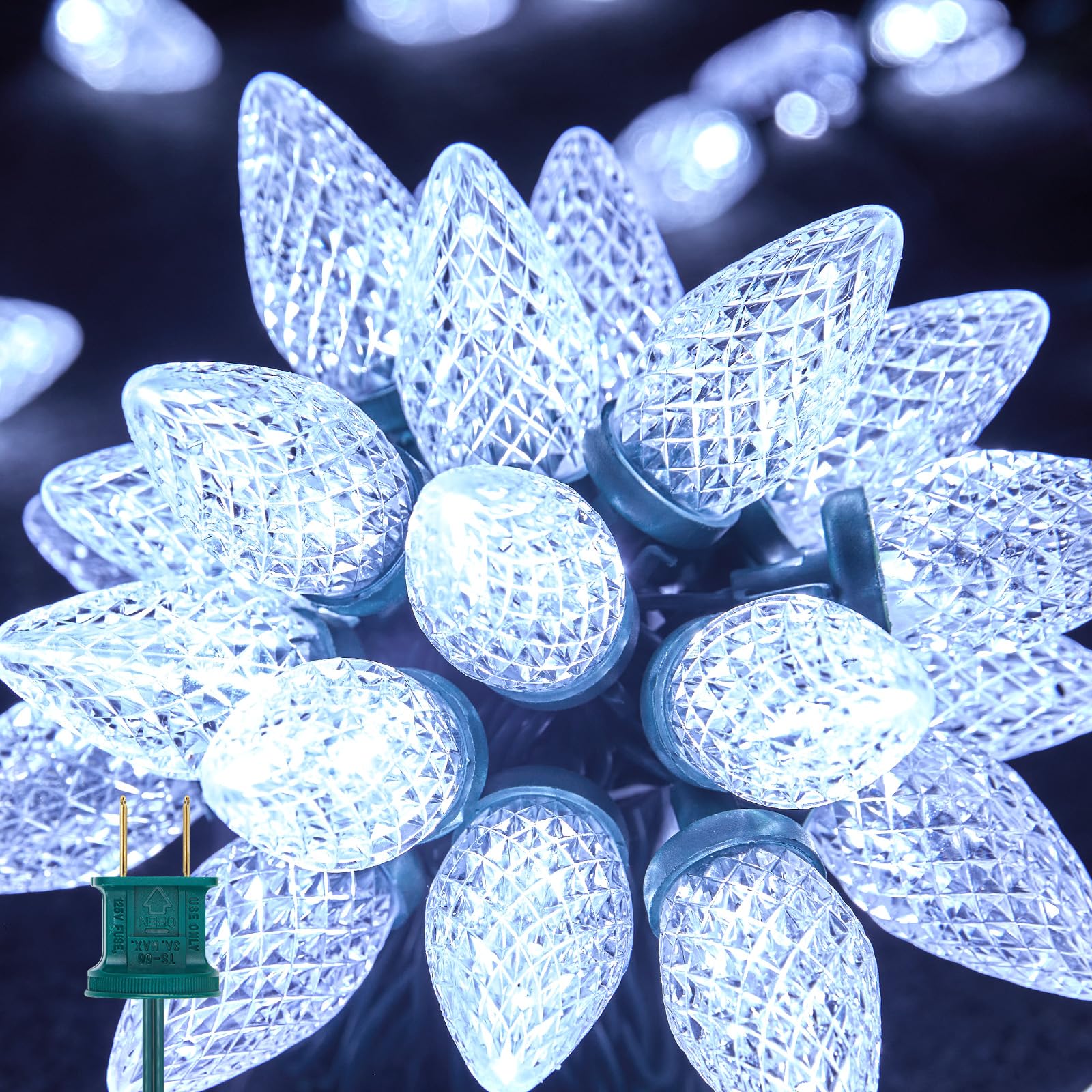 Brightown C9 LED String Lights, 33ft 50 Bulbs, Waterproof, Green Wire, Indoor/Outdoor, White