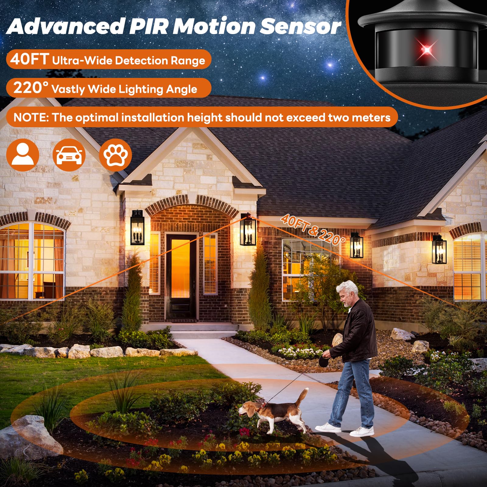 Large Motion Sensor Outdoor Wall Light, Black Exterior Wall Sconce Light Fixtures With Water-Rippled Glass, Waterproof Modern Ou