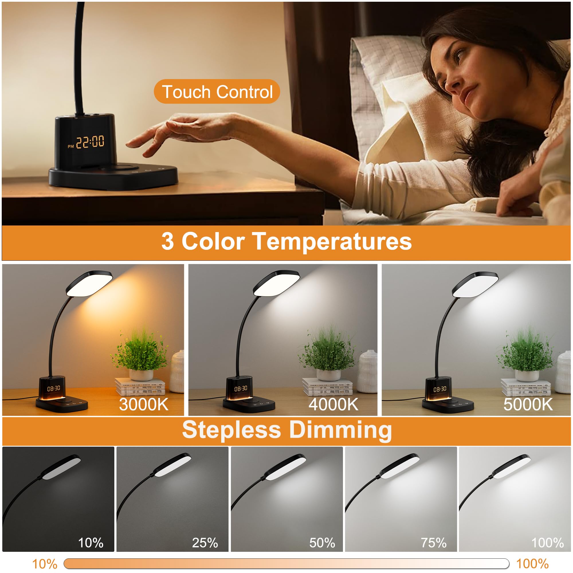 Sailstar LED Desk Lamp with Wireless Charger & Clock, 800LM, 3 Color Modes, 5.11x6.29x23.85 inches, Light Black, Model DL-C