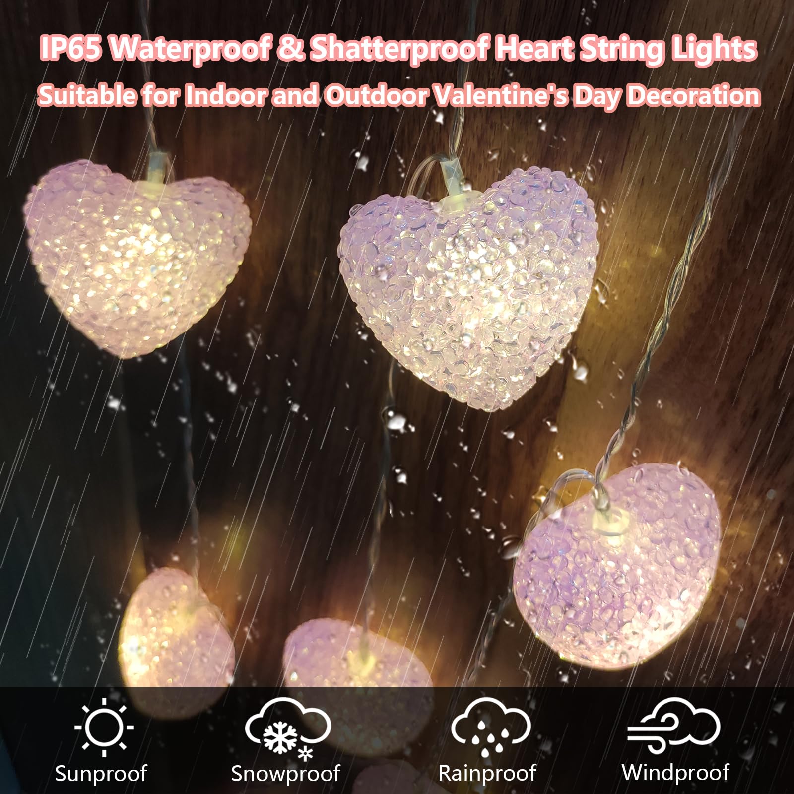 Valentines Heart String Lights Battery Operated 6.8Ft 10 LED Shatterproof Pink Heart Lights with Remote Timer, Indoor Outdoor He