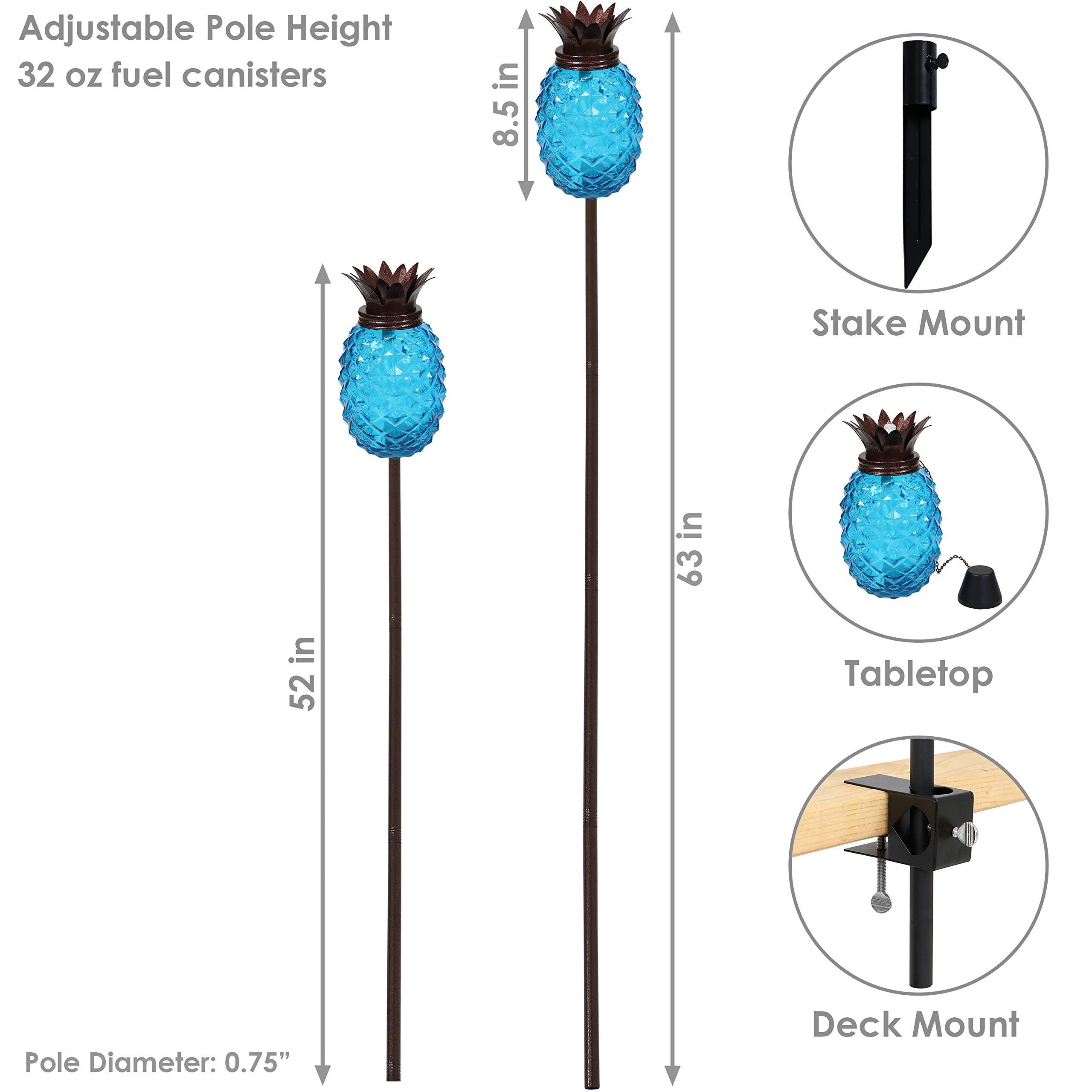 Sunnydaze Tropical Pineapple Glass Patio Torches Set of 2, 23-63 Inch Adjustable Height, Blue, Steel, Model WKO-723