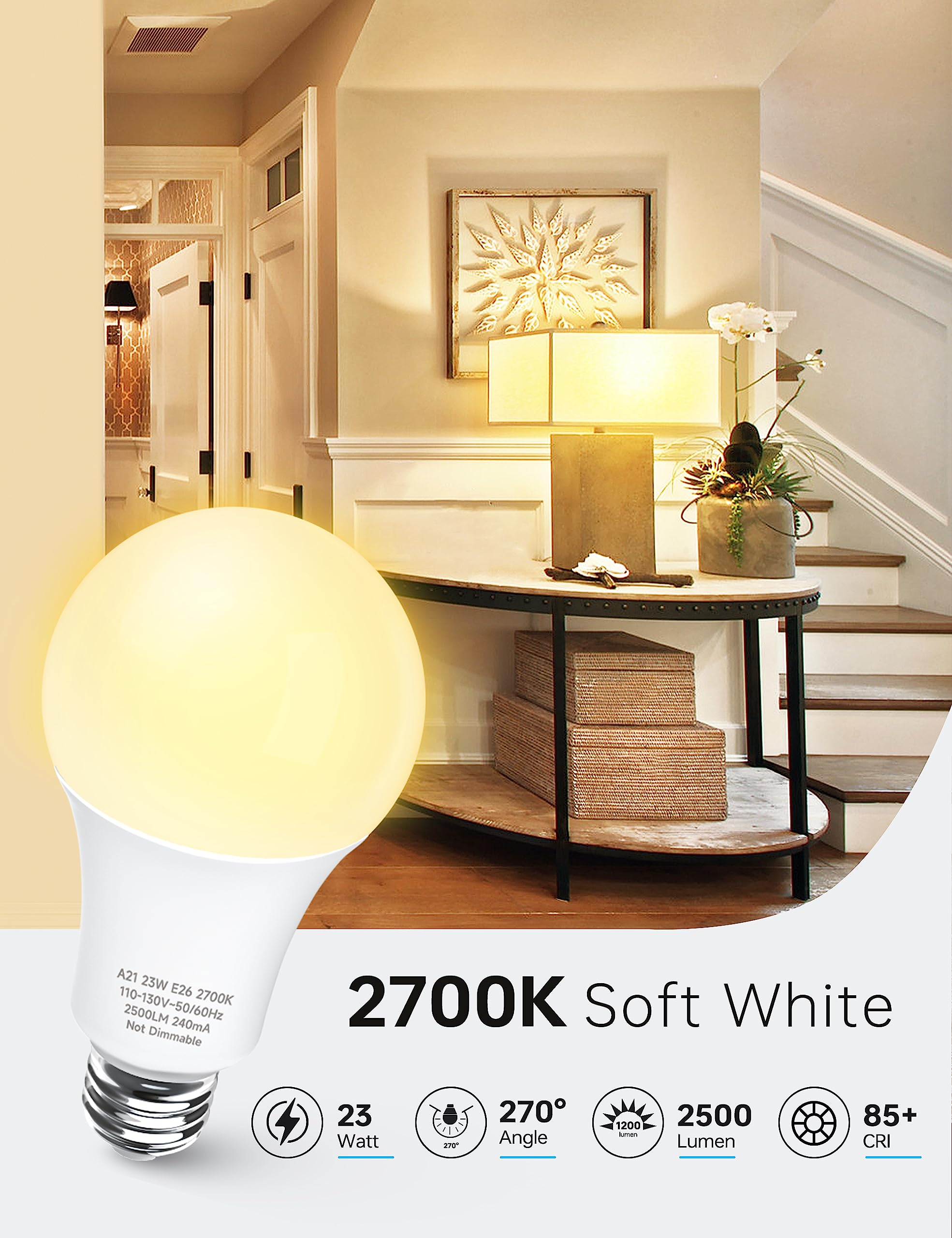 Kindeep A21 Led Light Bulbs Soft White, 150-200 Watt Equivalent E26 Led Bulbs, 23W Super Bright Light Bulbs, 2500 Lumens, 2700K
