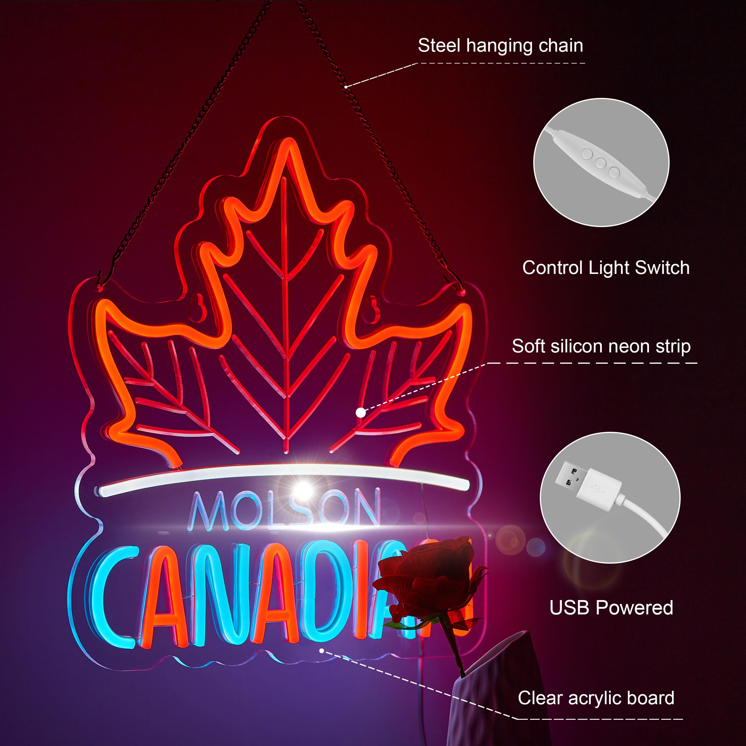Duoweoy Canadian Neon Sign For Wall Décor Dimmable Mols Bar Beer Led Man Cave Neon Light Usb Powered Neon Art Signs Decor Gifts