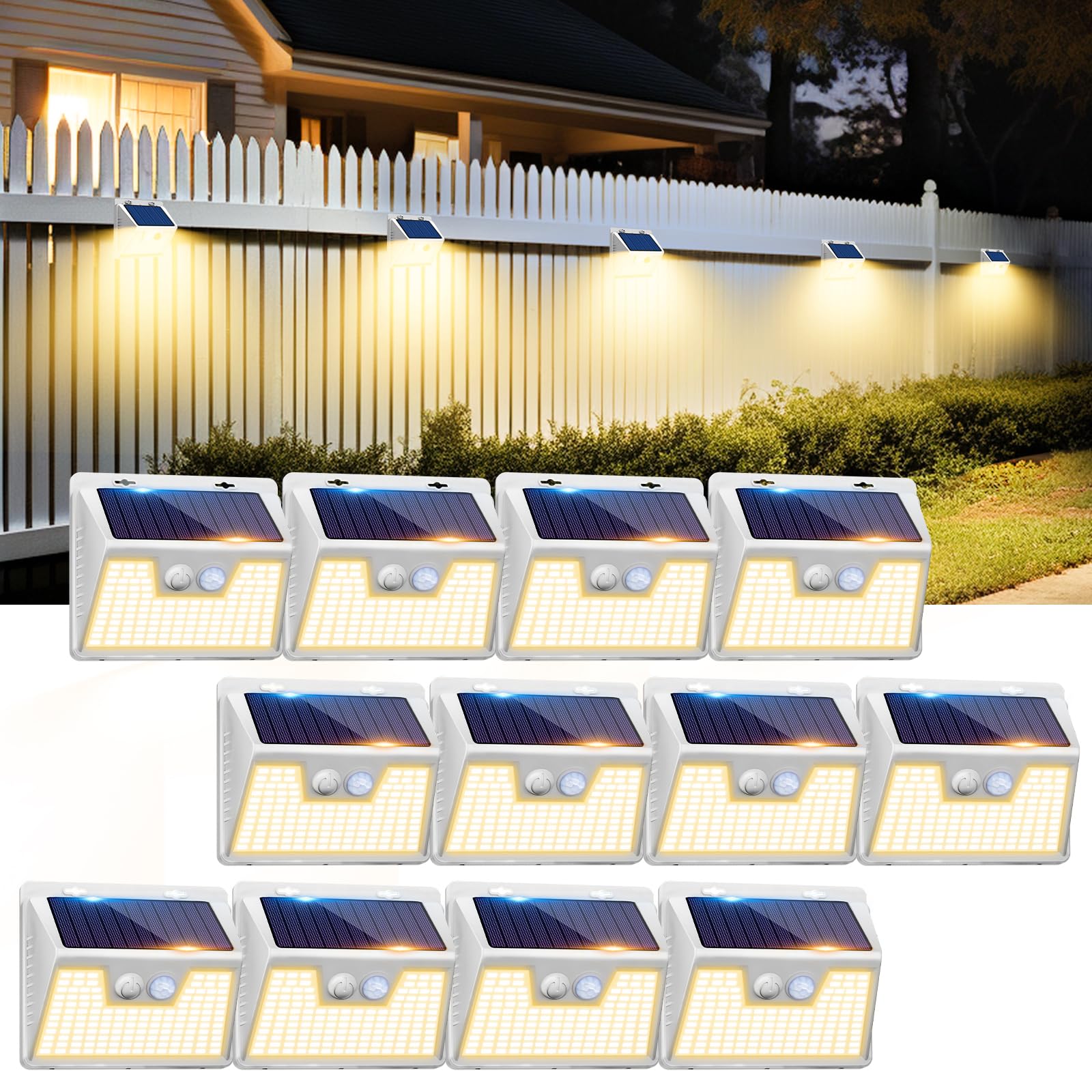 Peasur Solar Lights Outdoor Motion Sensor, 12Pack 140Led Waterproof Solar Powered Fence Lights, 3 Modes Solar Security Wall Ligh