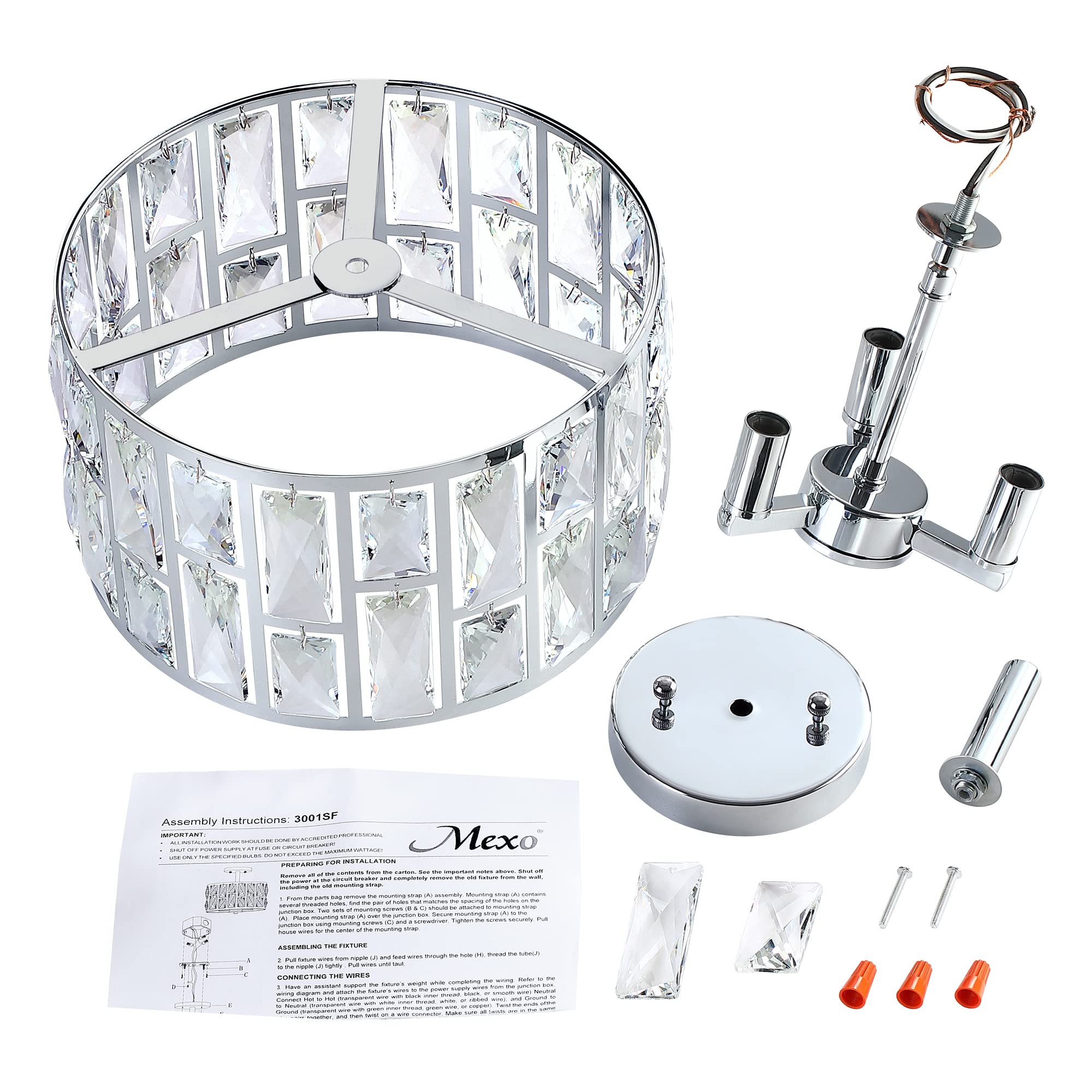 Mexo Modern Farmhouse Crystal Semi Flush Mount Ceiling Light, 3Lt Drum Shade, Silver Chrome