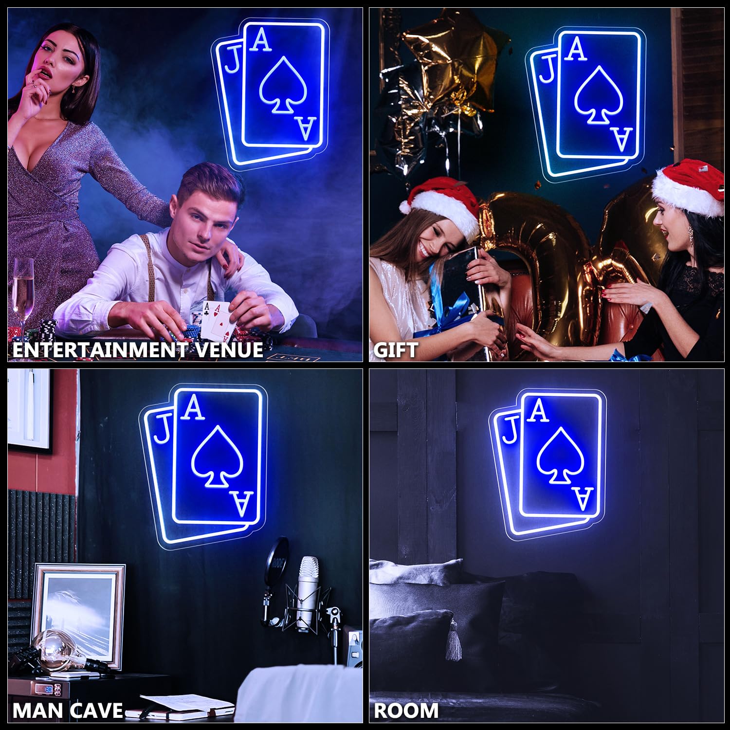 CULOIS Neon Playing Cards Wall Sign, 13x11 in, Blue/White Acrylic LED Light for Bedroom, Bar, Game Room Decor