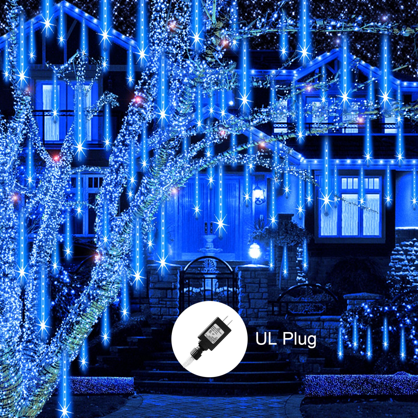 Aukora Blue Meteor Shower Christmas Lights, 24 Tubes, 576 LEDs, UL Plug, 46.4FT, Plastic Decor for Holiday Garden Party