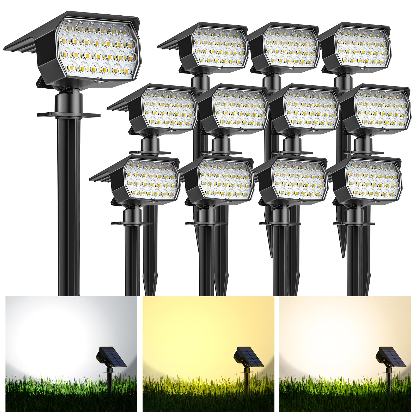 Kipeini Solar Spot Lights Outdoor 12 Pack, [52 Led/ 3 Color Lighting] Solar Lights Outdoor Waterproof Ip65 Dusk To Dawn Solar Powered Landscape Spotlights For Outside Yard Garden Pathway Lawn