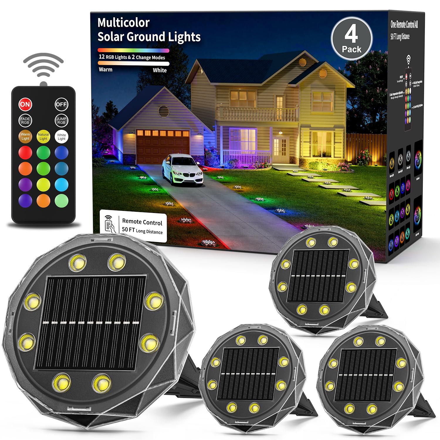 Solar Ground Lights with Remote Control 50ft,IP67 Waterproof Solar Garden 15 Multi Color Lights,RGBYW Solar Powered Outdoor Land