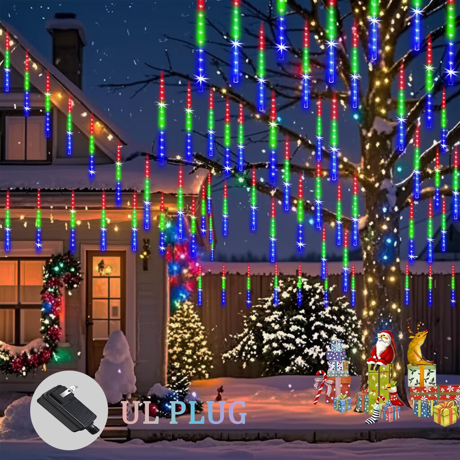 Zpqbeye Meteor Shower Lights Outdoor Christmas Lights 24-Tube 576Leds Snow Falling Rain Cascading Icicle Lights For Christmas Tree Decorations Wedding Party Holiday Garden Decor, Ul Plug Multi Color