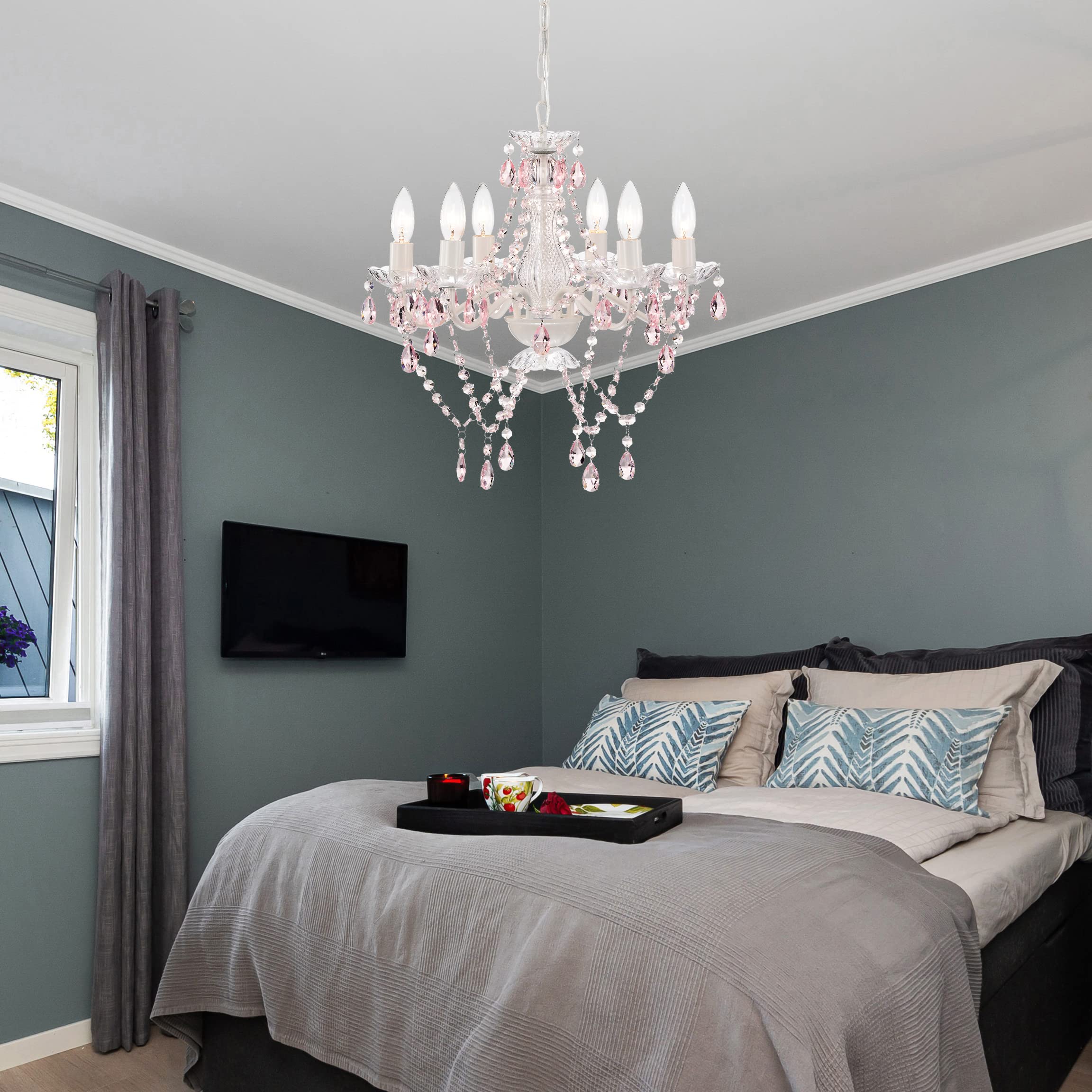 Mr.Color White Chandeliers Pink Crystal Chandelier Lighting Fixture 6 Light Candle Chandelier For Bedroom