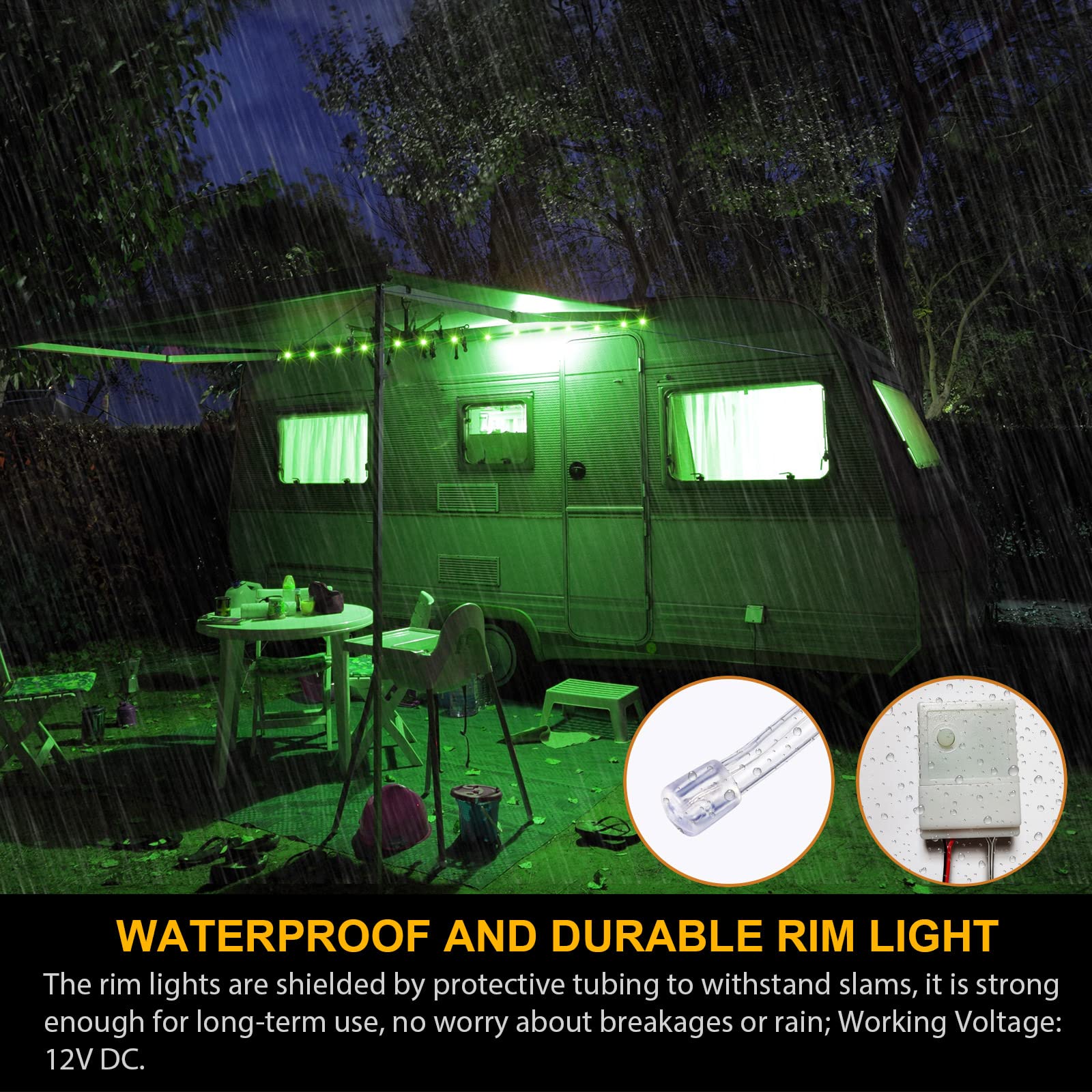 Waybelive LED RV Awning Lights, 16.4Ft Multicolor Strip Light, Remote Control, Waterproof, DC 12V, Model 3e83c7f8-33a