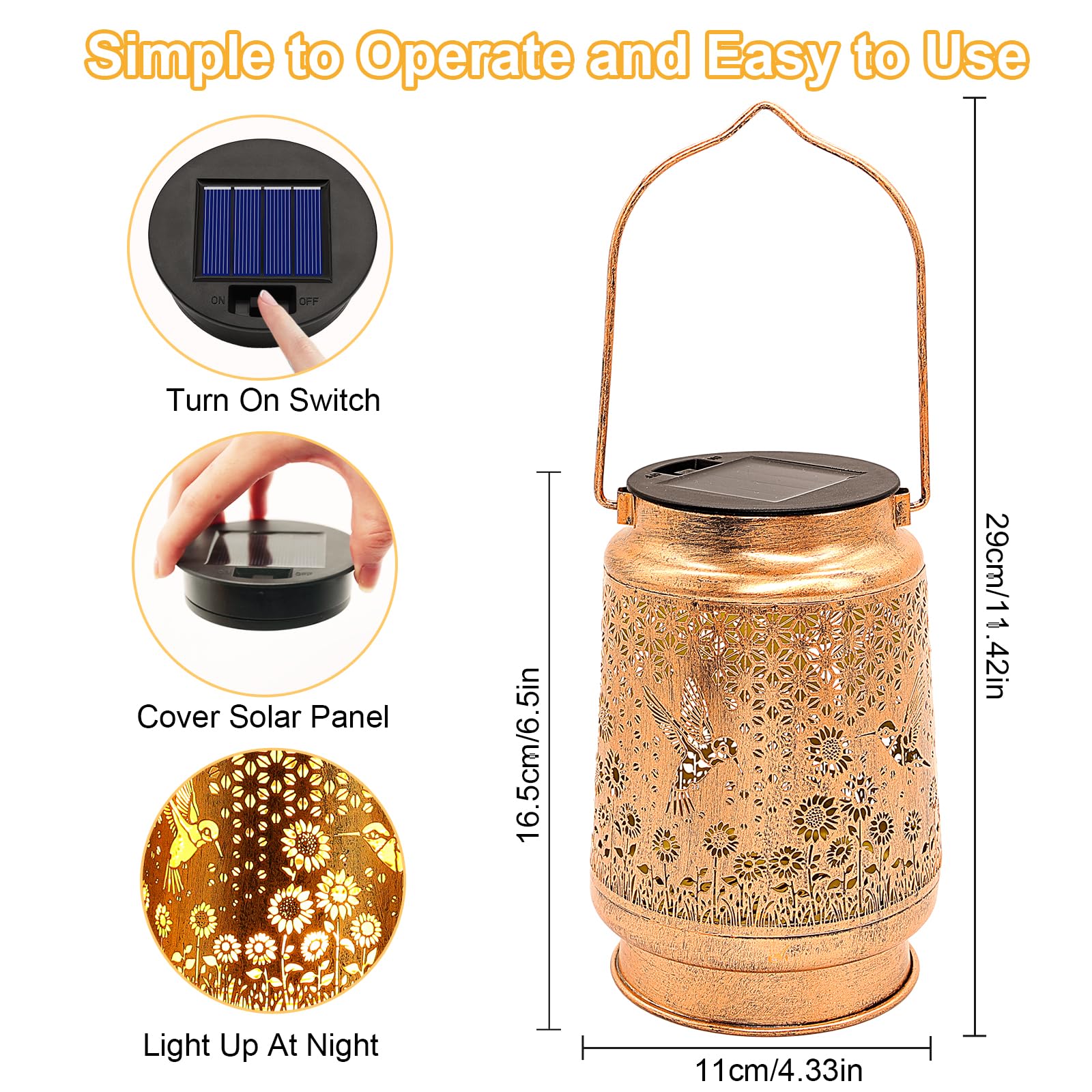 Solar Lanterns Outdoor with Shepherd Hook Waterproof Hummingbird Sunflower Garden Decor, LED Hanging Lights Metal Decor for Yard