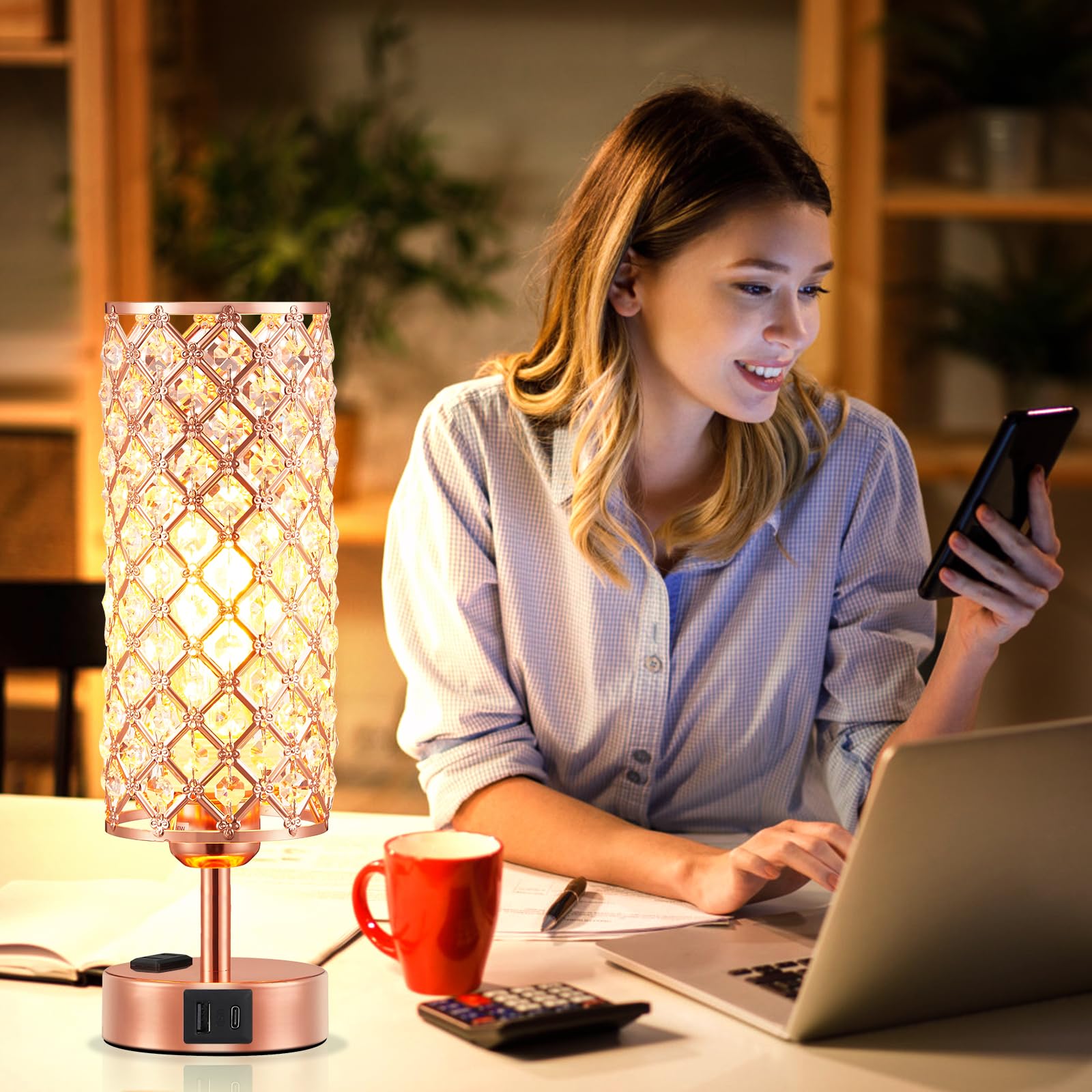 Hong-in Rose Gold Crystal Table Lamp Set of 2, Dimmable Touch Control, USB-C & AC Ports, 4.33" Nightstand Light, Bulb Included