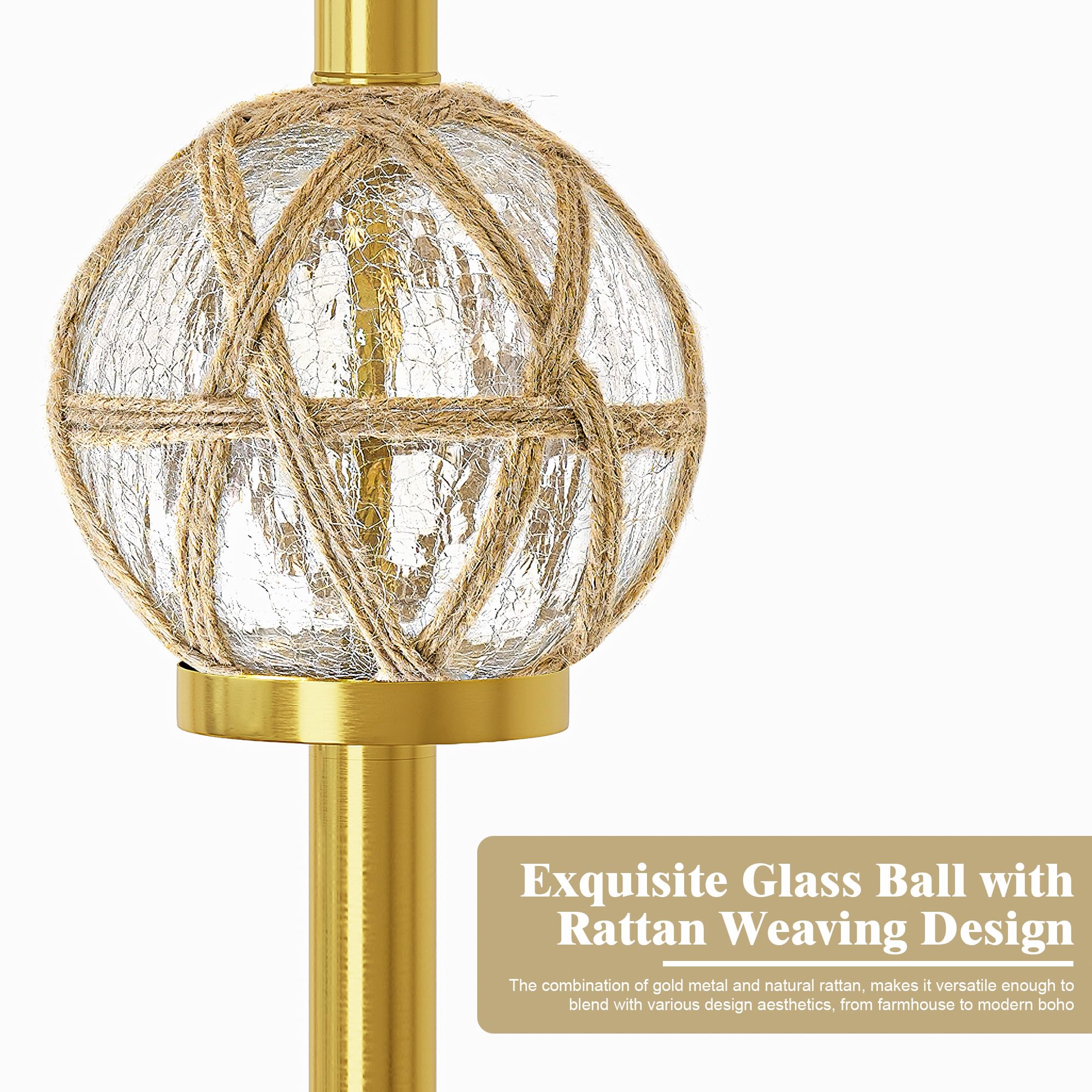 Oneach 61.5Modern Floor Lamp For Living Room, Gold Boho Standing Lamp With Rattan Glass Design, Rotary Switch, Farmhouse Tall La