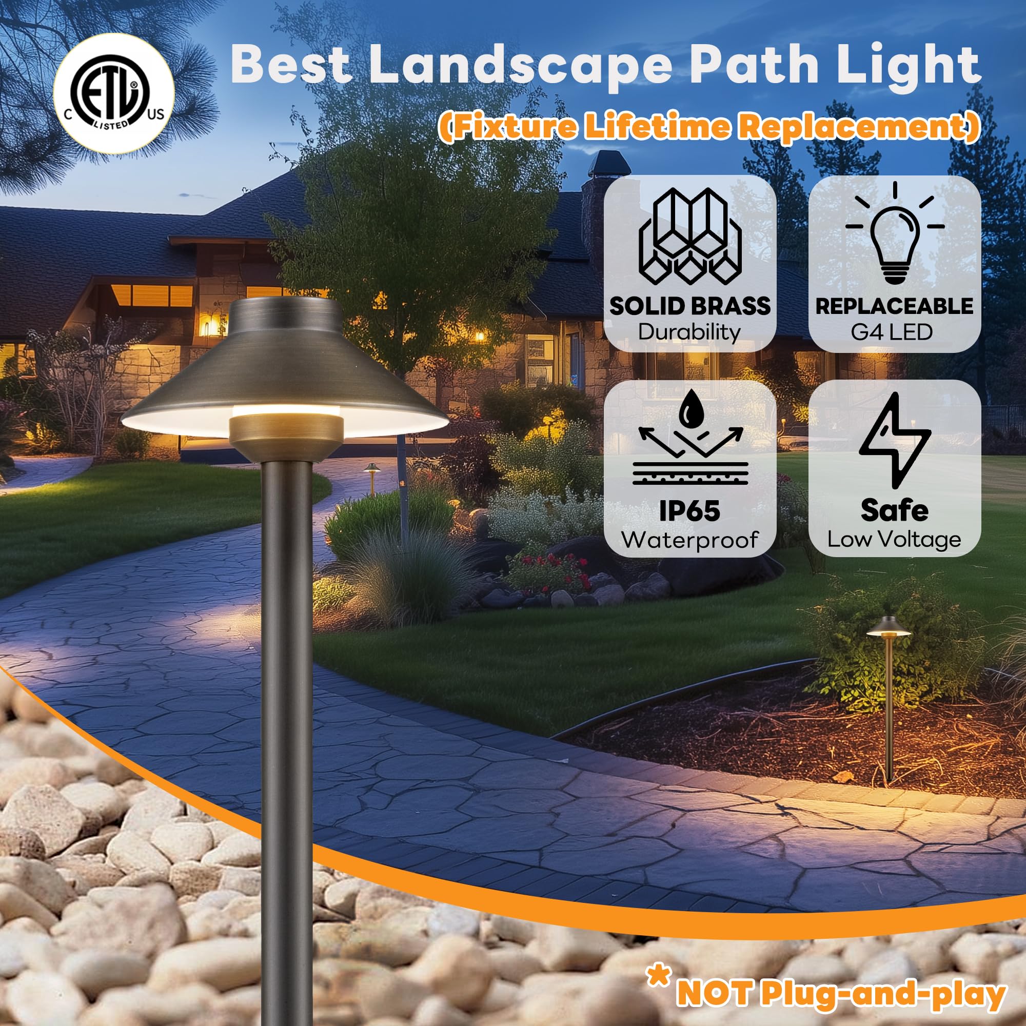 Gardenreet Brass Low Voltage Path Lights - 12V Landscaping Pathway Lamp Ip65 Waterproof, Wired Walkway Lighting Outdoor, Led Mus