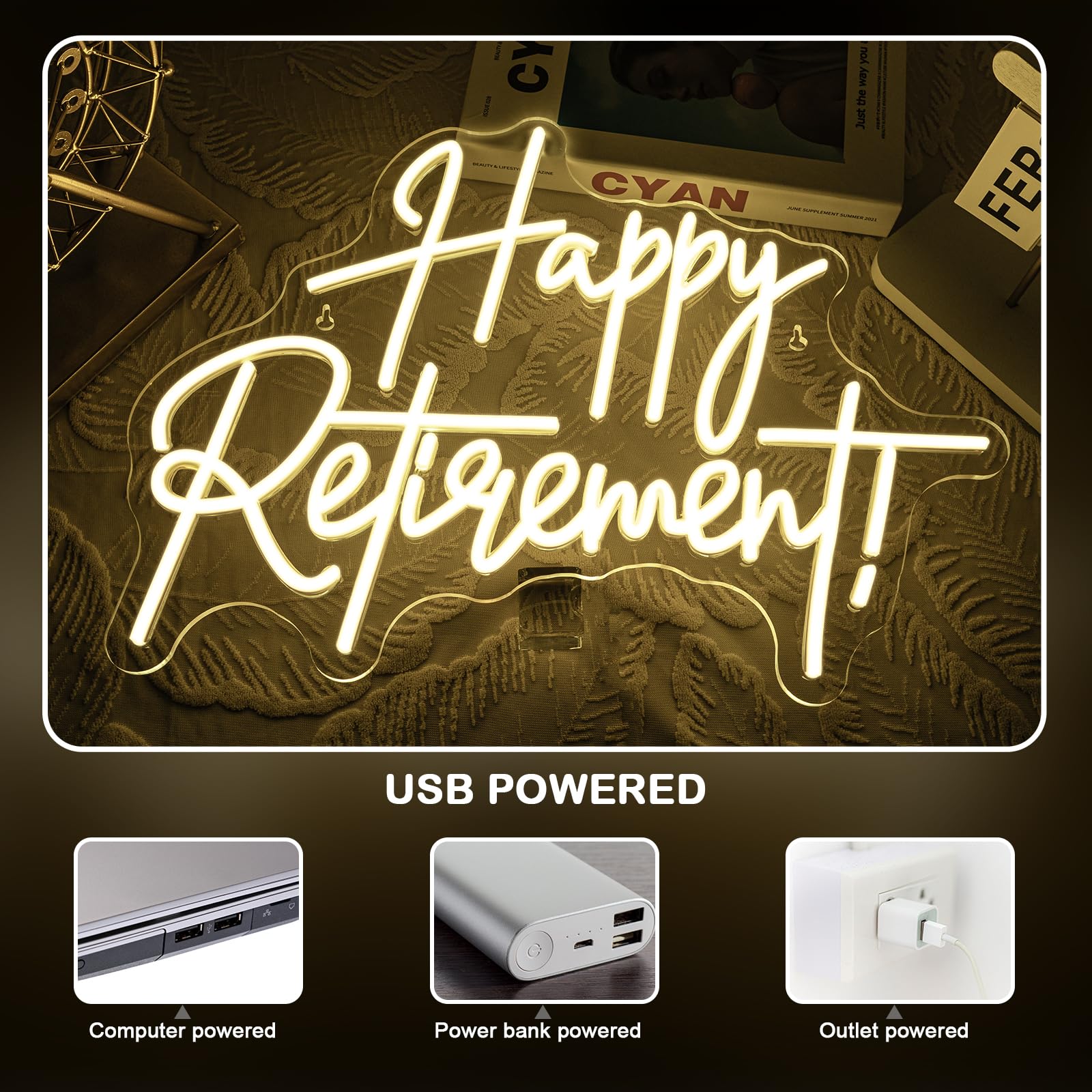 Looklight Happy Retirement Neon Sign Dimmable Neon Signs For Wall Decor Led Lights For Birthday Party Room Bedroom Decoration Celebrating Retirement Gifts Usb Powered 16.54X12.09In