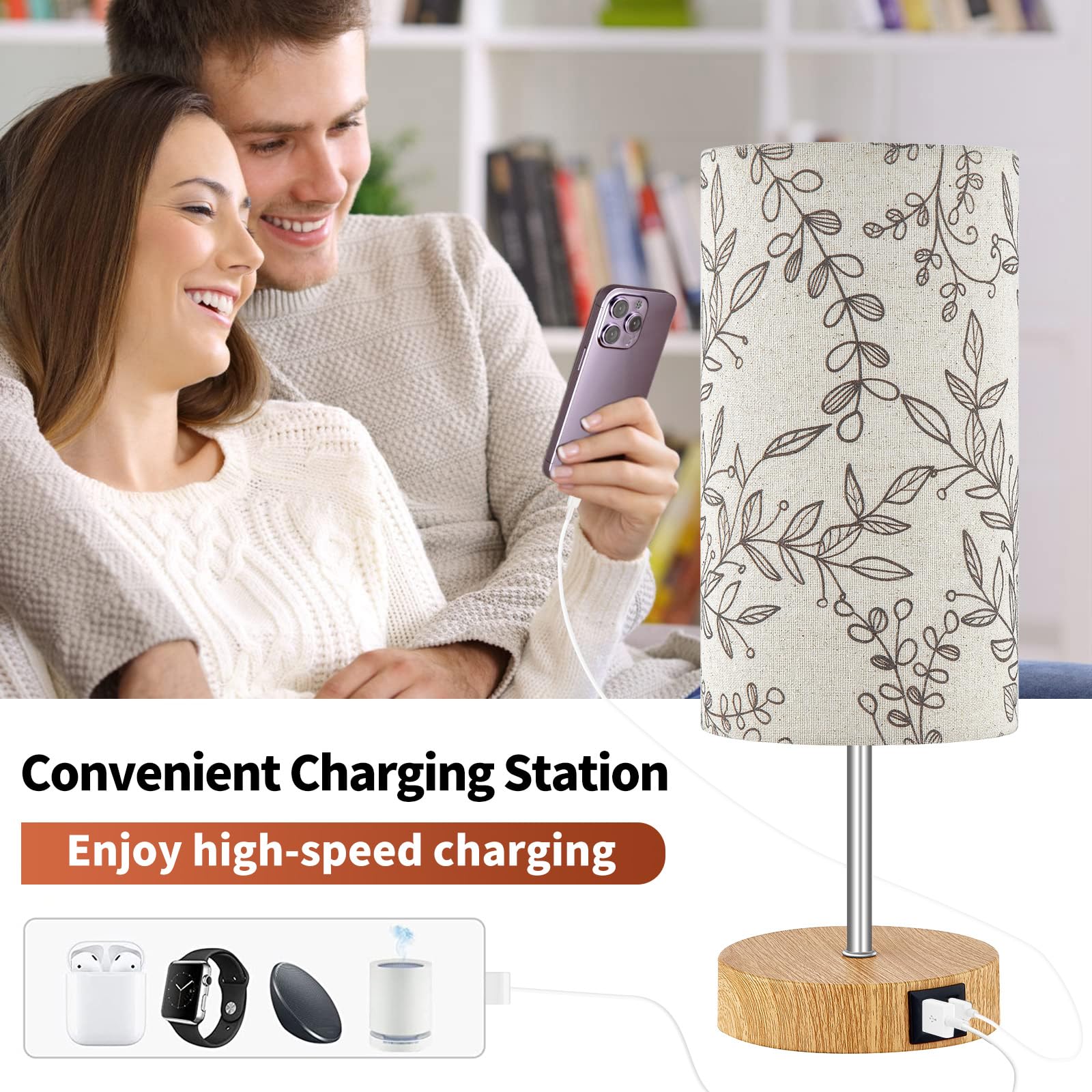 Bedside Touch Lamp, Wood Small Table Lamp For Bedroom With 2 Usb Charging Ports & Flower Fabric Shade, 3-Way Dimmable Nightstand