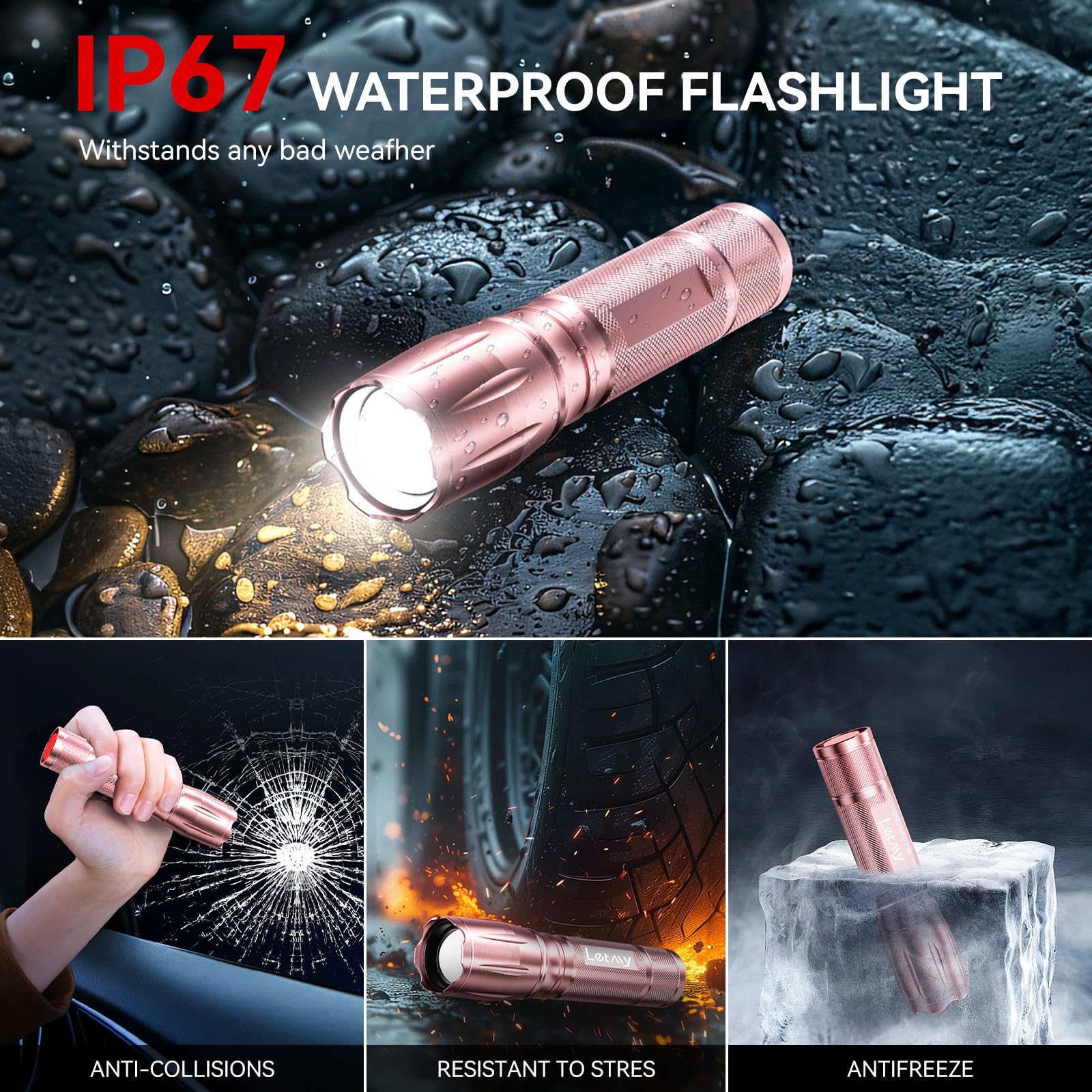 Letmy Tactical Flashlight S2000-2 Pack Bright Military Grade Led Flashlights High Lumens - Portable Handheld Flash Light, 5 Modes Zoomable Waterproof Flashlights For Home Emergency Camping- Pink