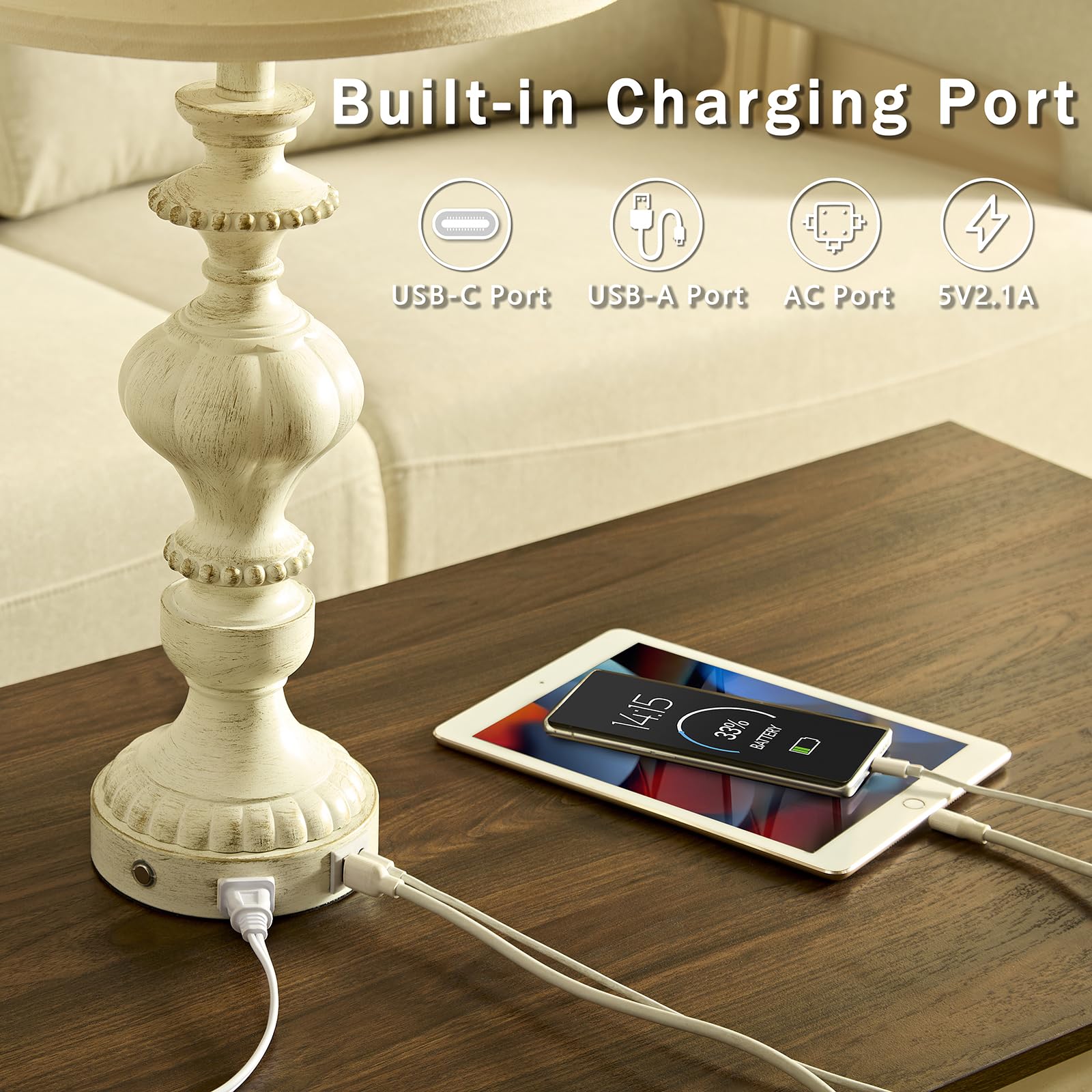 SAIWEYA 27.5" Farmhouse Table Lamps Set of 2 - 3 Way Dimmable Touch, USB C+A Ports & AC Outlet, White Gold