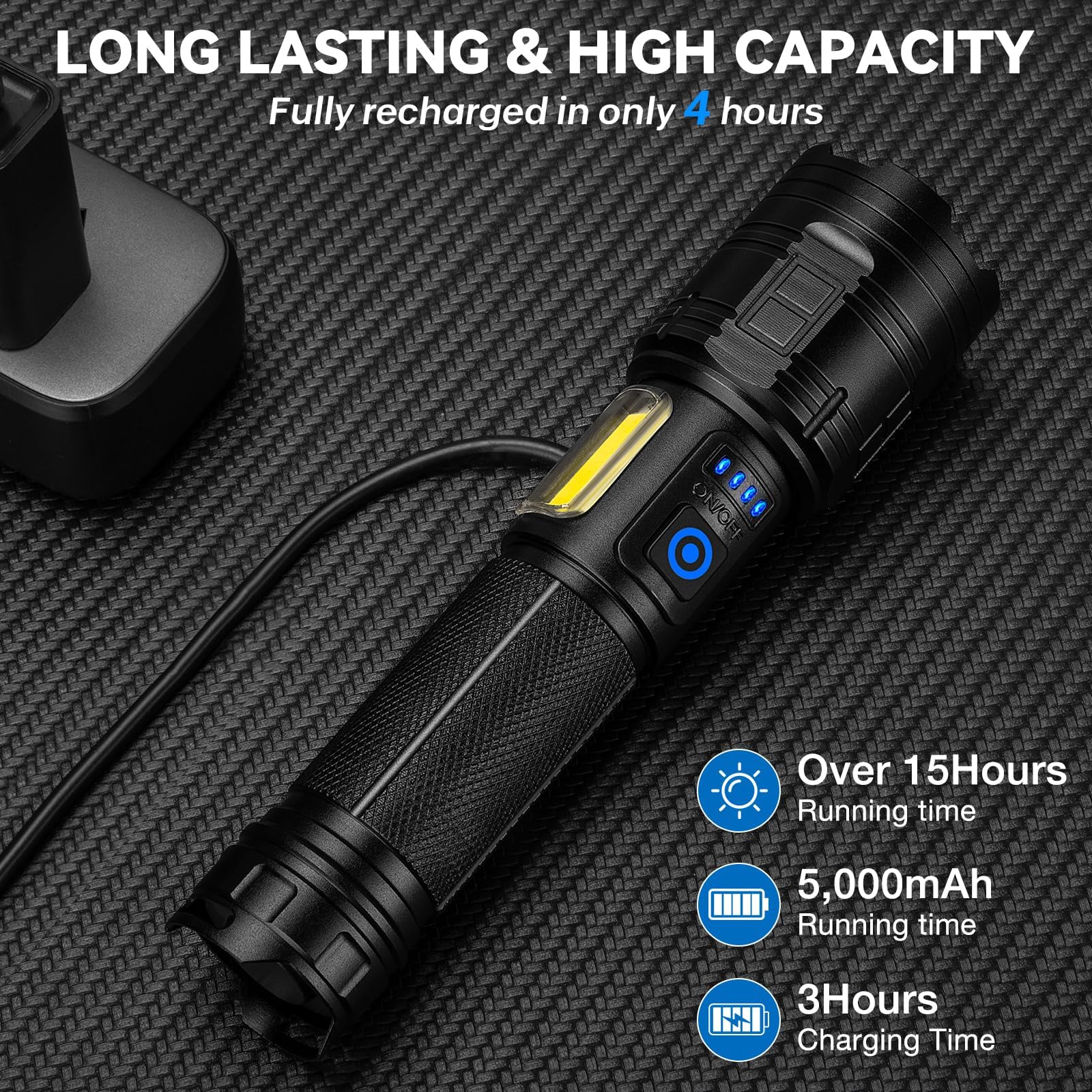 ALSTU Rechargeable Flashlight 99,000 High Lumen - 2 Pack LED, 7 Modes, Black, Model M081