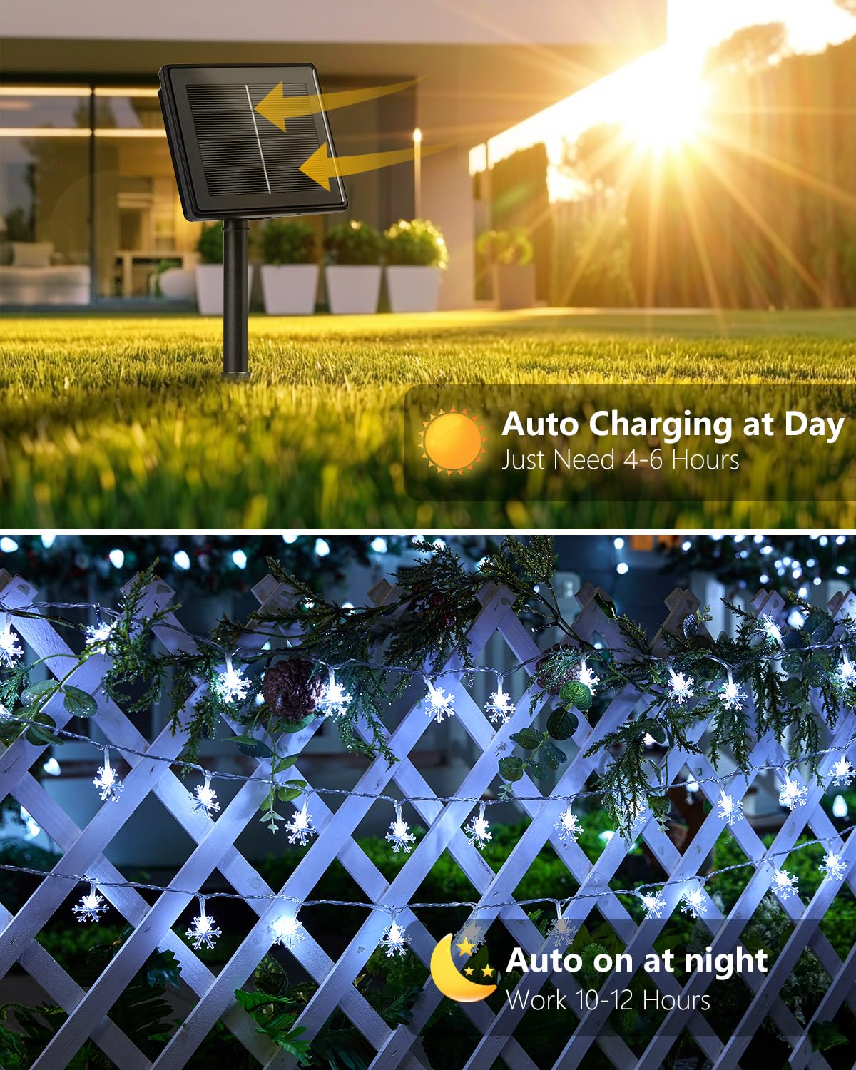 Brightown Solar Snowflake String Lights, 72FT 200 LED, Waterproof, 8 Lighting Modes, Pure White, Model SOLAR-SNOWFLAKE-200LED-PW