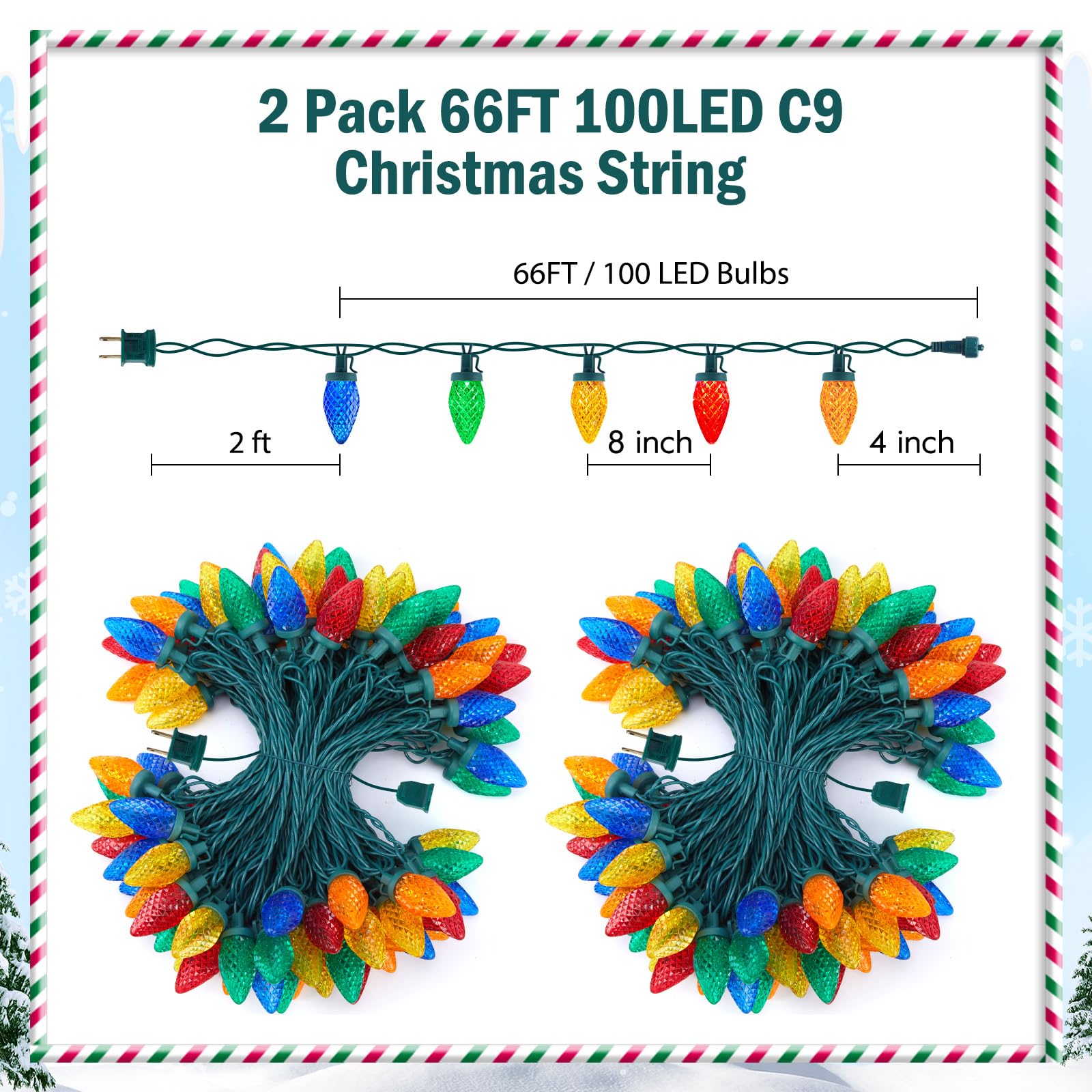 Brightown C9 LED Christmas String Lights, 200 LEDs, 132ft, Multicolor, Plug-in Connectable, Outdoor Holiday Decor, Model 5-100/2F/C-033