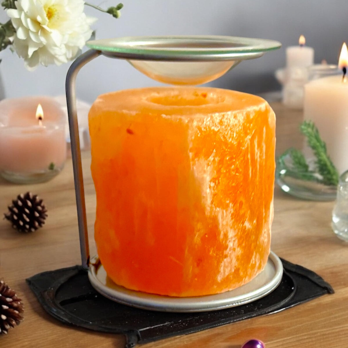 4All Himalayan Pink Salt Oil Lamp Burner With Metal Stand Fragrance Warmer Oil Wax Burner (Silver Stand)