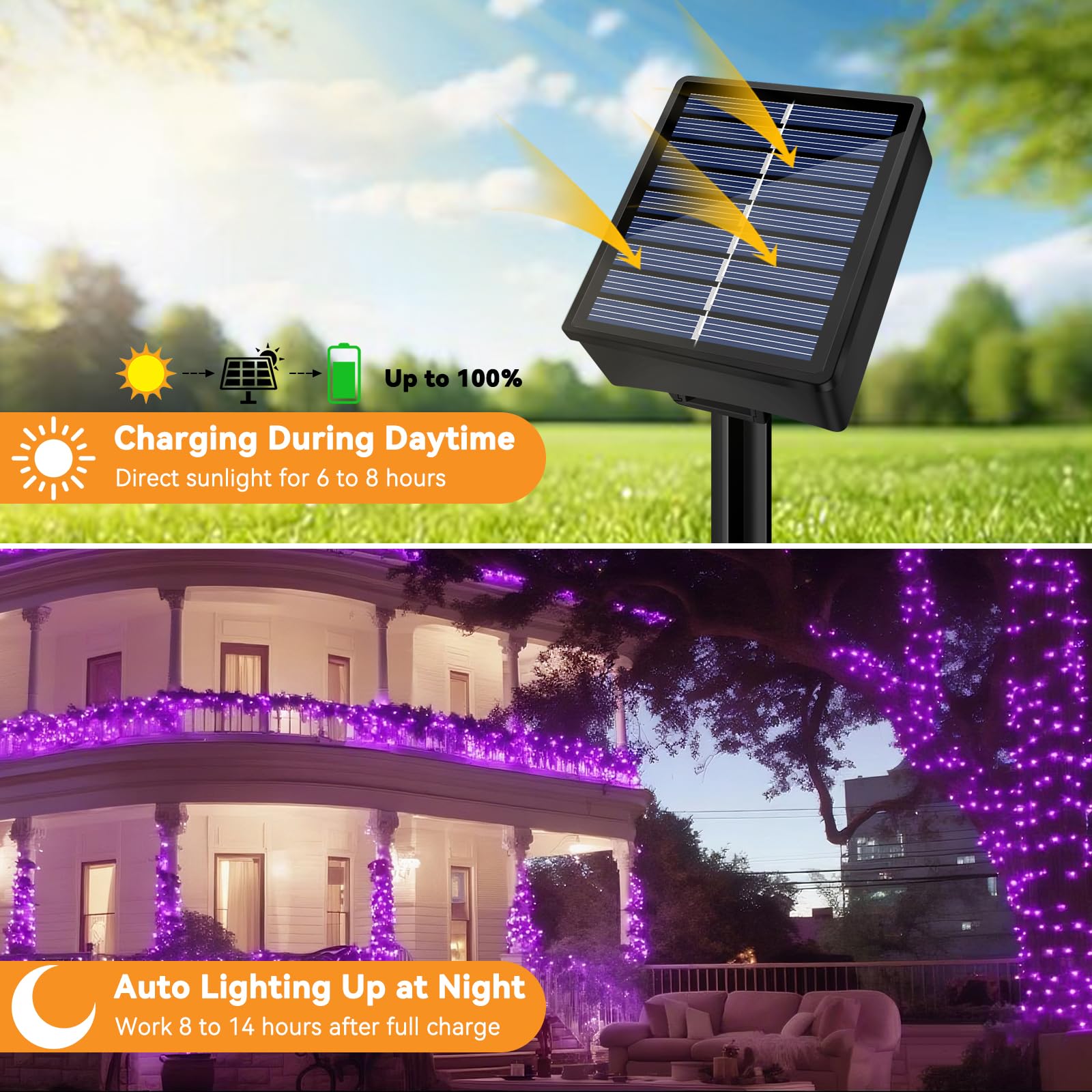 Solar String Lights Outdoor Waterproof 2 Pack Total 66Ft 200Led 8 Modes Twinkle Lights Solar Fairy Lights For Patio  Garden Yard Party Wedding Tree Christmas Halloween Decoration  Purple