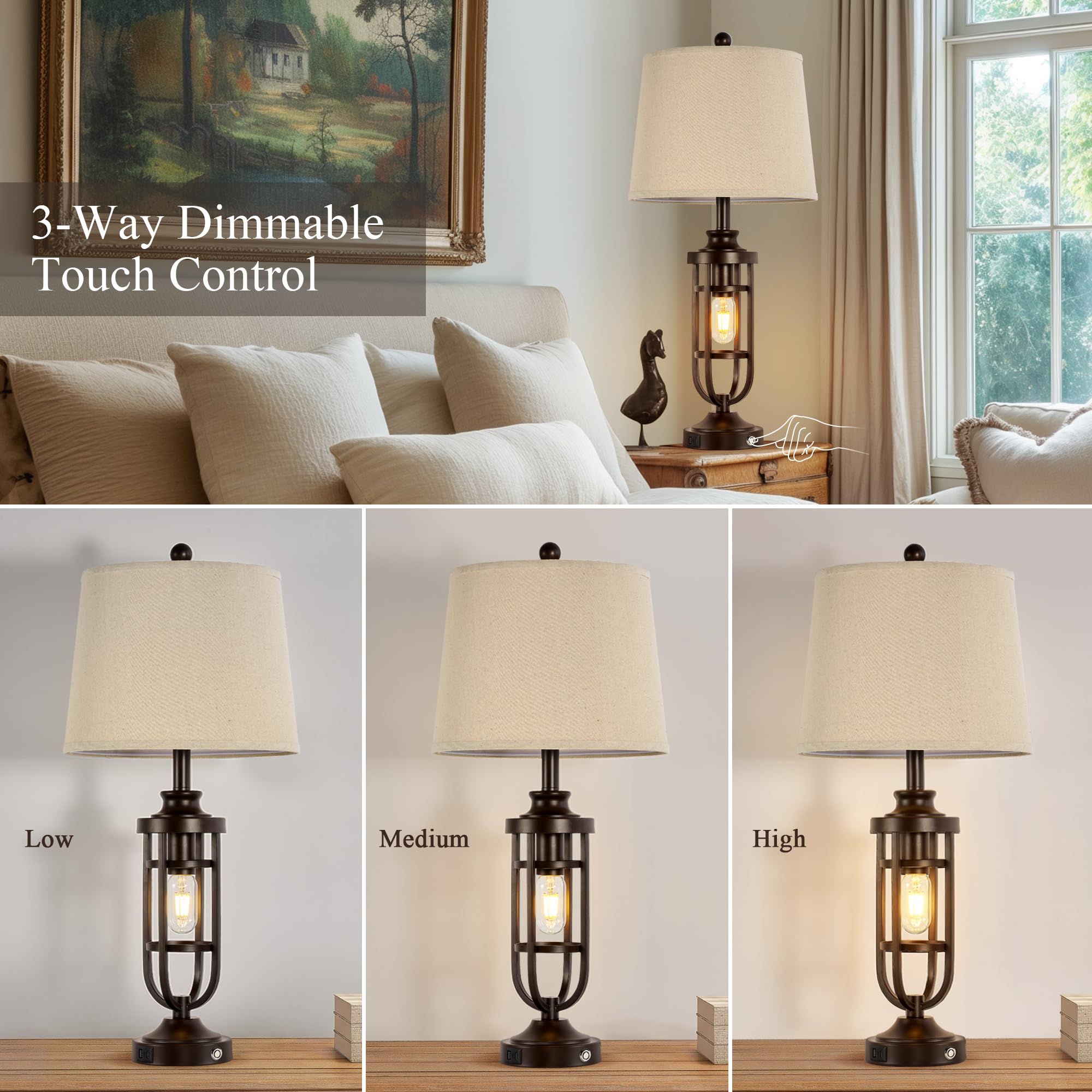 Srjjrs 28.8'' Farmhouse Table Lamps For Living Room Set Of 2, 3-Way Dimmable Touch Lamps With Usb Ports, Rustic Nightstand Lamps