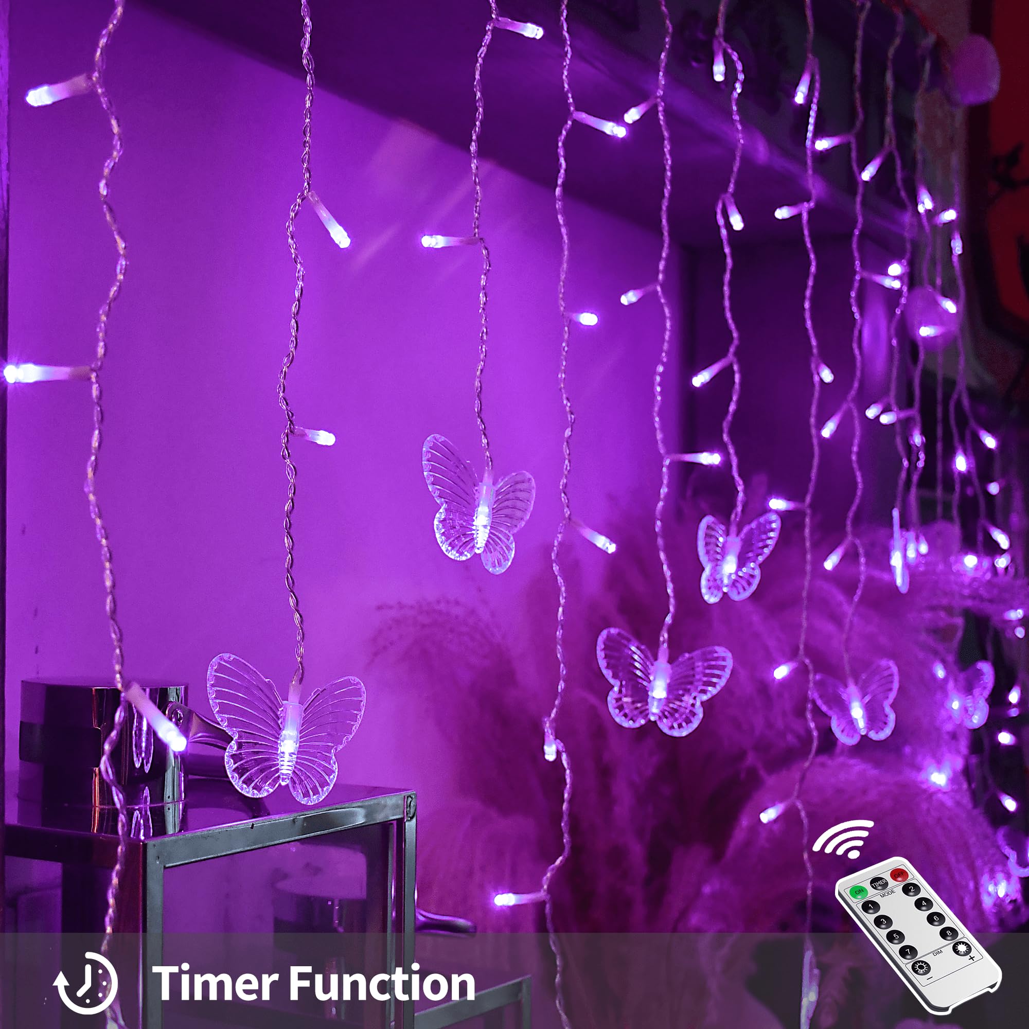 Yolight Butterfly Curtain Lights 13Ft 96 Led Fairy Lights 8 Modes String Lights With Remote, Butterfly Hanging Decoration For Girls Room Bedroom Wall Ceiling Party Wedding Holiday Christmas (Purple)