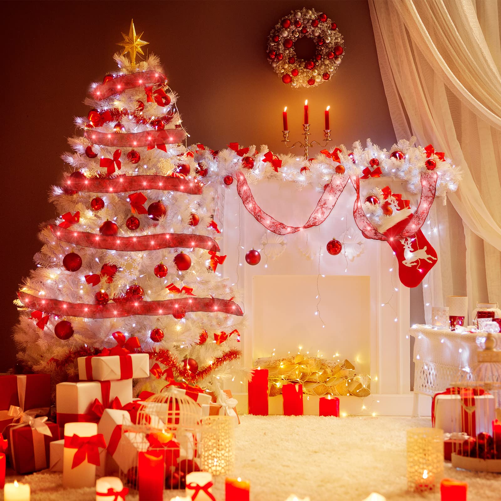 Christmas Ribbon Lights Christmas Lights 16.4 Ft Glow Christmas Tree Ribbon Battery Operated Indoor String Lights For Outdoor Xmas Holiday Party Wedding Garland Lighted Decoration (Red)