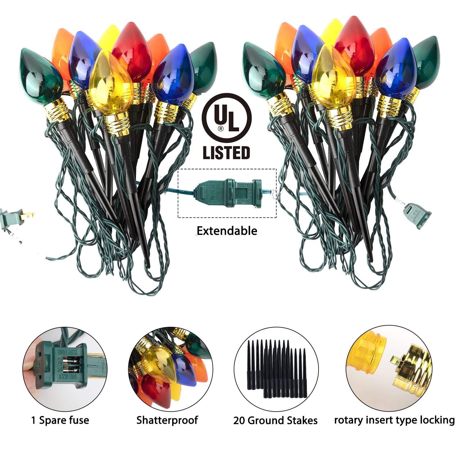 2 Pack C9 Christmas Pathway Lights - Outdoor Total 34.8 Ft, 20 Waterproof Connectable Walkway Lights For Yard, Ground, Sidewalk,